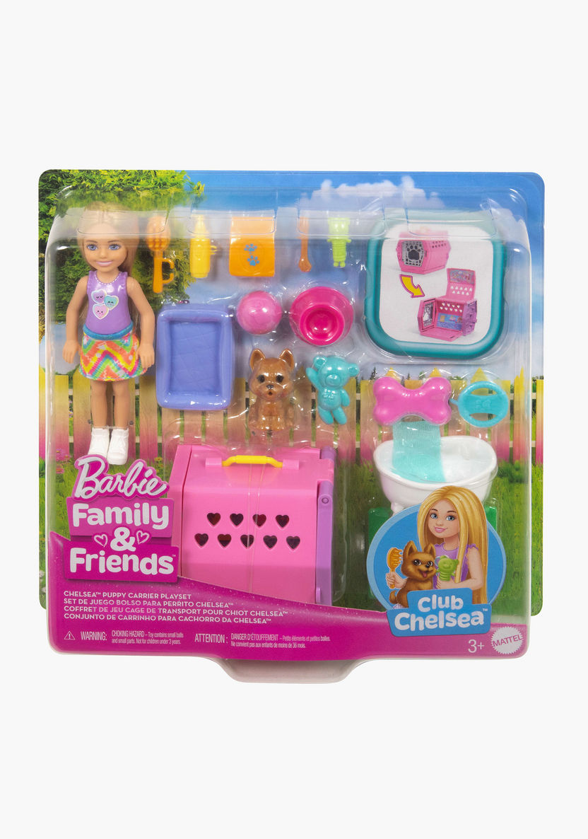 Barbie Club Chelsea Fashion Doll Playset with Puppy, Transforming Carrier, Grooming Accessories & Removable Skirt, Role-Play Toy for Kids 3+