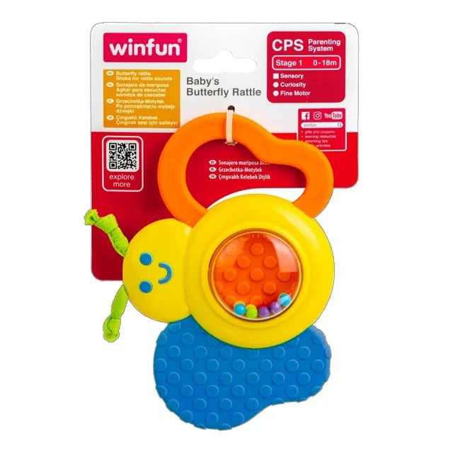 Winfun Baby's Butterfly Rattle Multicolor, Easy-Grasp Infant Toy with Textured Teether Wings, Gentle Rattle Sounds, Sensory and Motor Skill Development for Babies 0 Months+