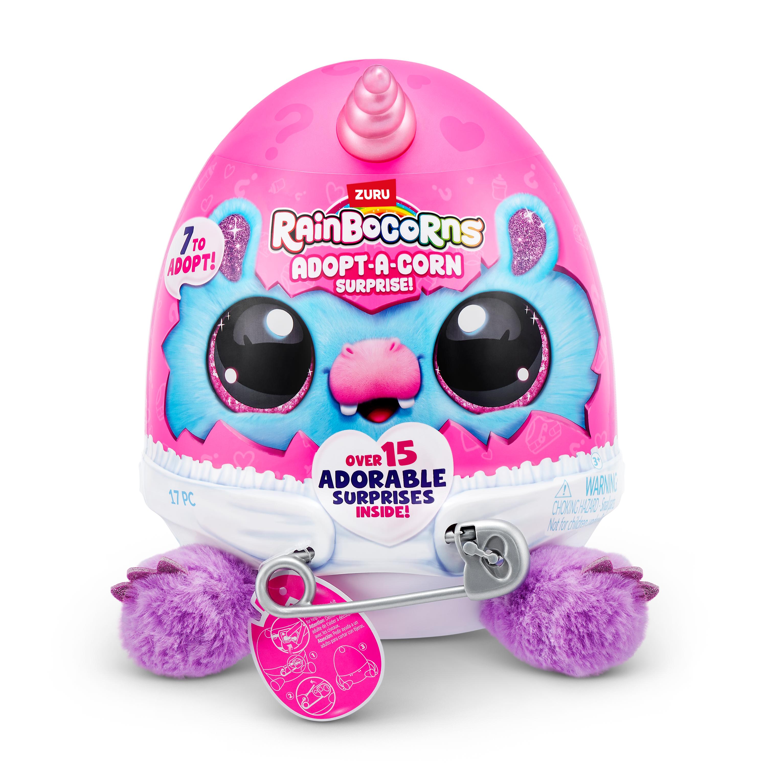 Rainbocorns Adopt-A-Corns Baby Plush Assorted Newborn Surprise Toy with 15+ Surprises, Diaper Egg, Pacifier & Adoption Certificate, Collect All 7 Cute Characters, Gift for Girls Ages 3+