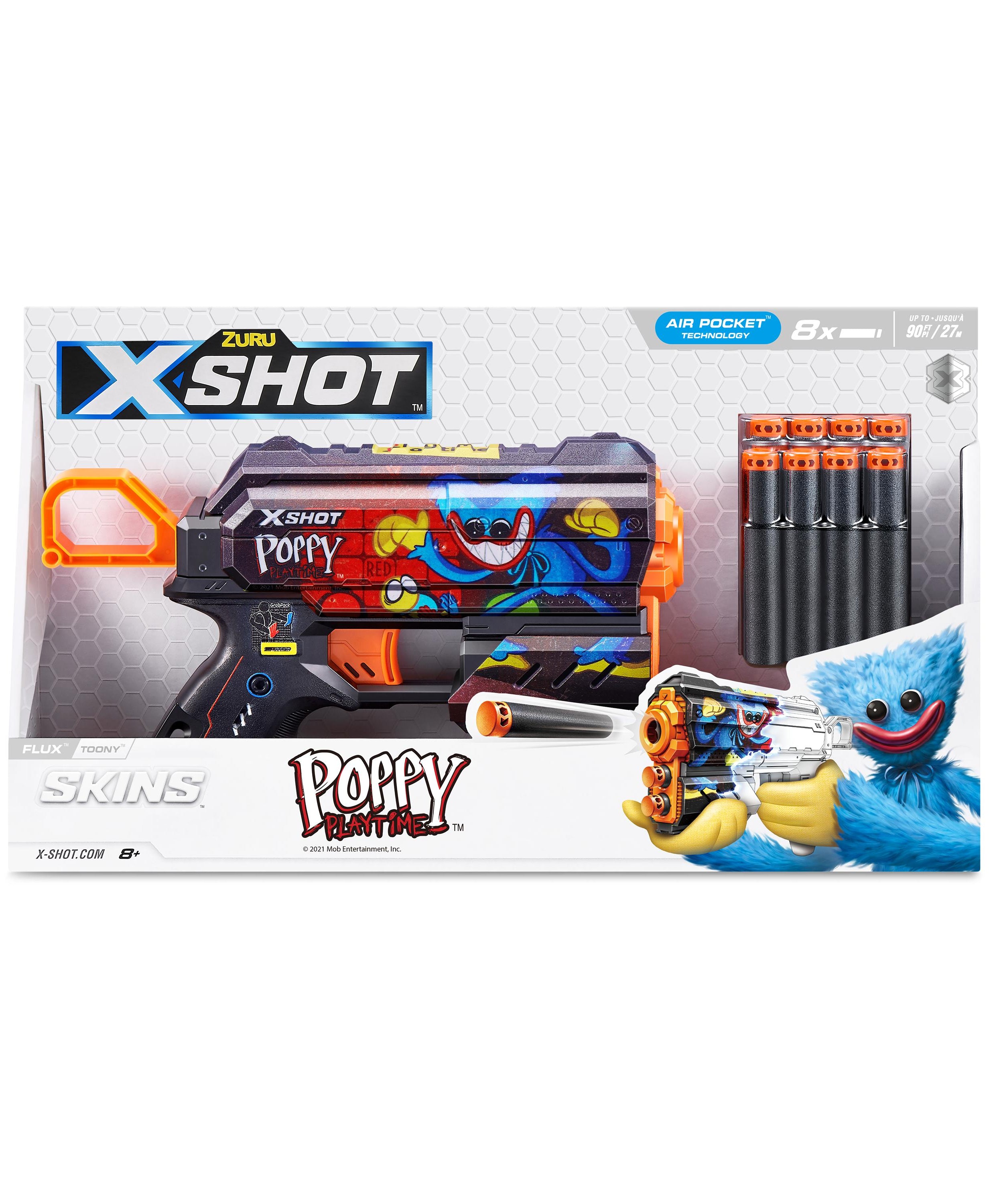 XSHOT Skins Flux, Poppy Playtime Jumpscare Edition (8 Darts), Foam Dart Blaster with Air Pocket Dart Technology, Shoots up to 27m, Collectible Toy Gun for Kids Ages 8+, Boys, Girls, Teens