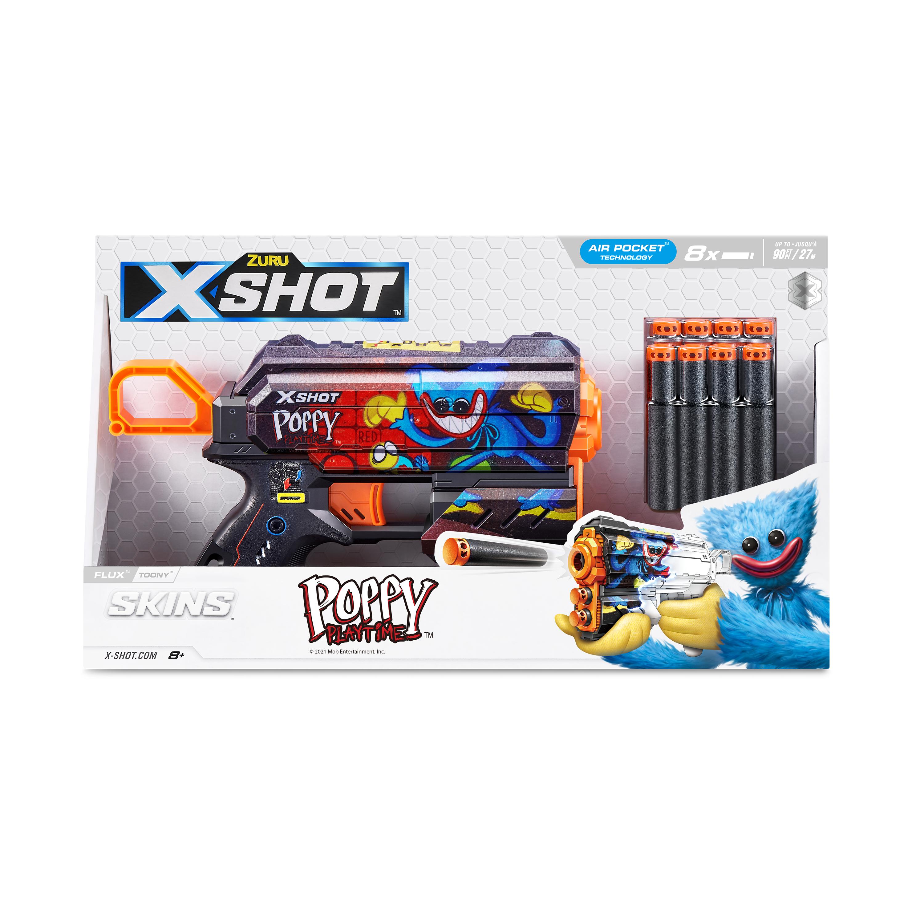 XSHOT Skins Flux, Poppy Playtime Jumpscare Edition (8 Darts), Foam Dart Blaster with Air Pocket Dart Technology, Shoots up to 27m, Collectible Toy Gun for Kids Ages 8+, Boys, Girls, Teens