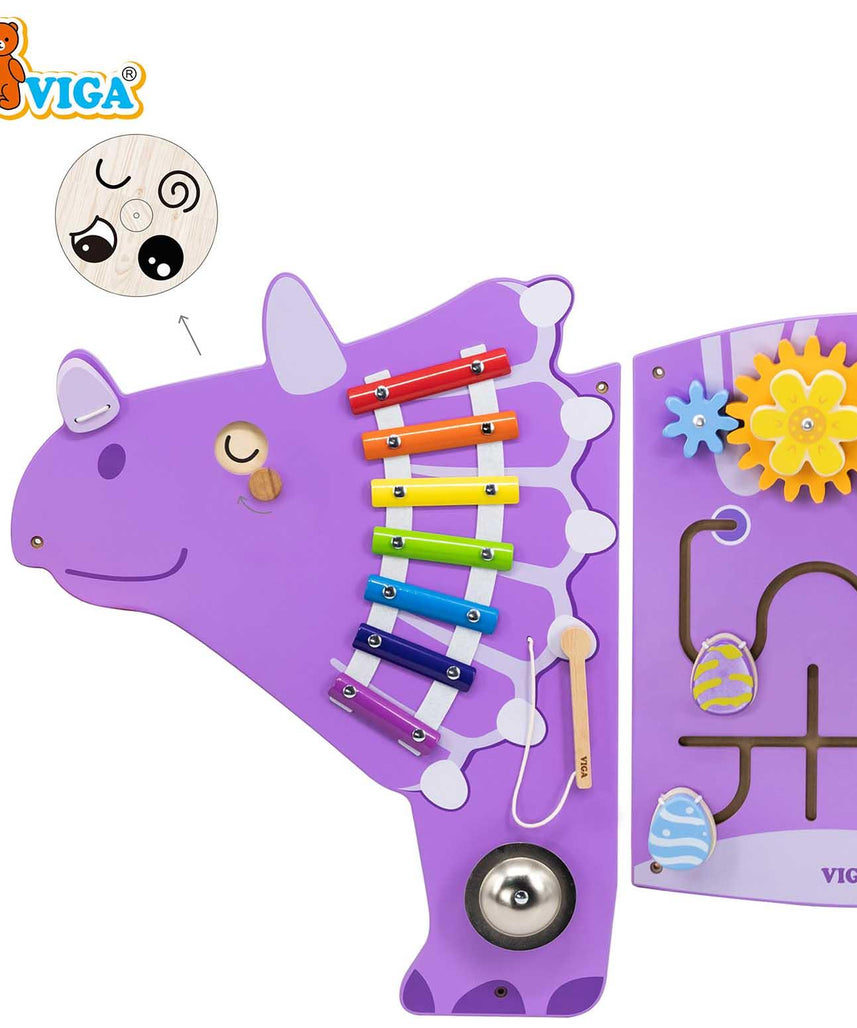 Viga Toys Triceratops Wall Activity Panel, Wooden Montessori Sensory Manipulative Board with Xylophone, Maze, Gears and Bead Loop, Wall Mounted Learning Toy for Kids, 3 Years+