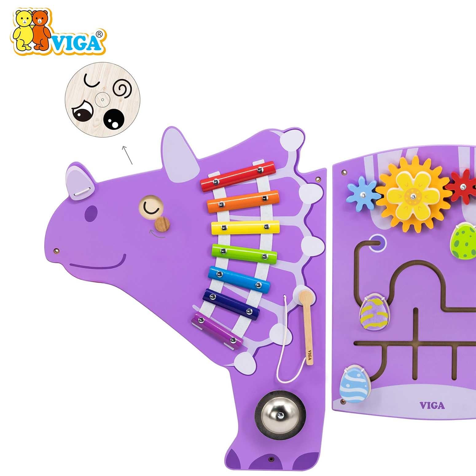 Viga Toys Triceratops Wall Activity Panel, Wooden Montessori Sensory Manipulative Board with Xylophone, Maze, Gears and Bead Loop, Wall Mounted Learning Toy for Kids, 3 Years+