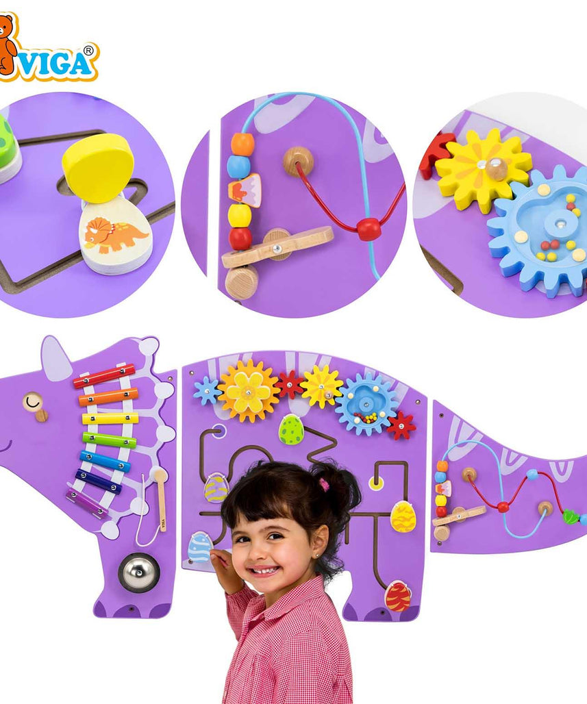 Viga Toys Triceratops Wall Activity Panel, Wooden Montessori Sensory Manipulative Board with Xylophone, Maze, Gears and Bead Loop, Wall Mounted Learning Toy for Kids, 3 Years+