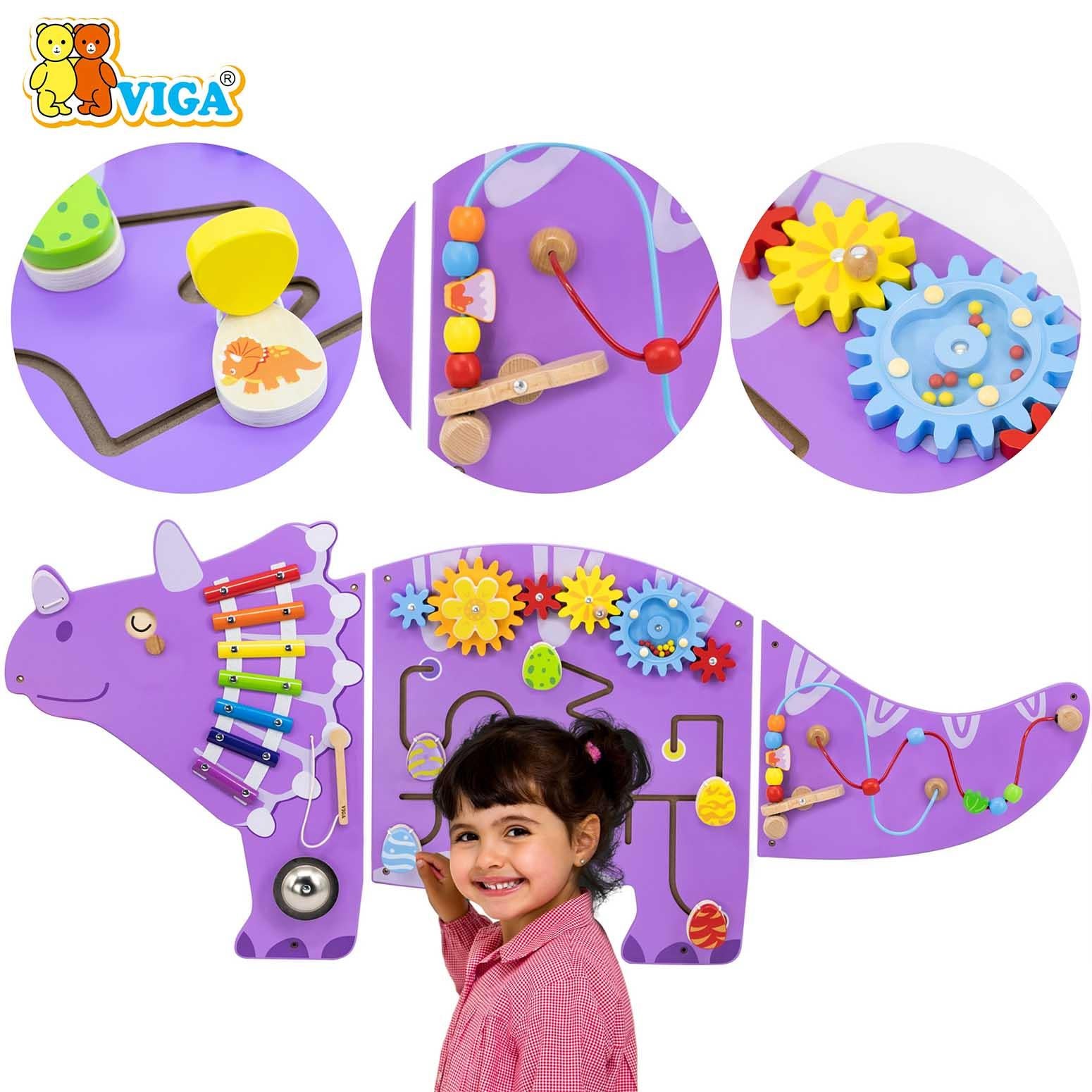 Viga Toys Triceratops Wall Activity Panel, Wooden Montessori Sensory Manipulative Board with Xylophone, Maze, Gears and Bead Loop, Wall Mounted Learning Toy for Kids, 3 Years+