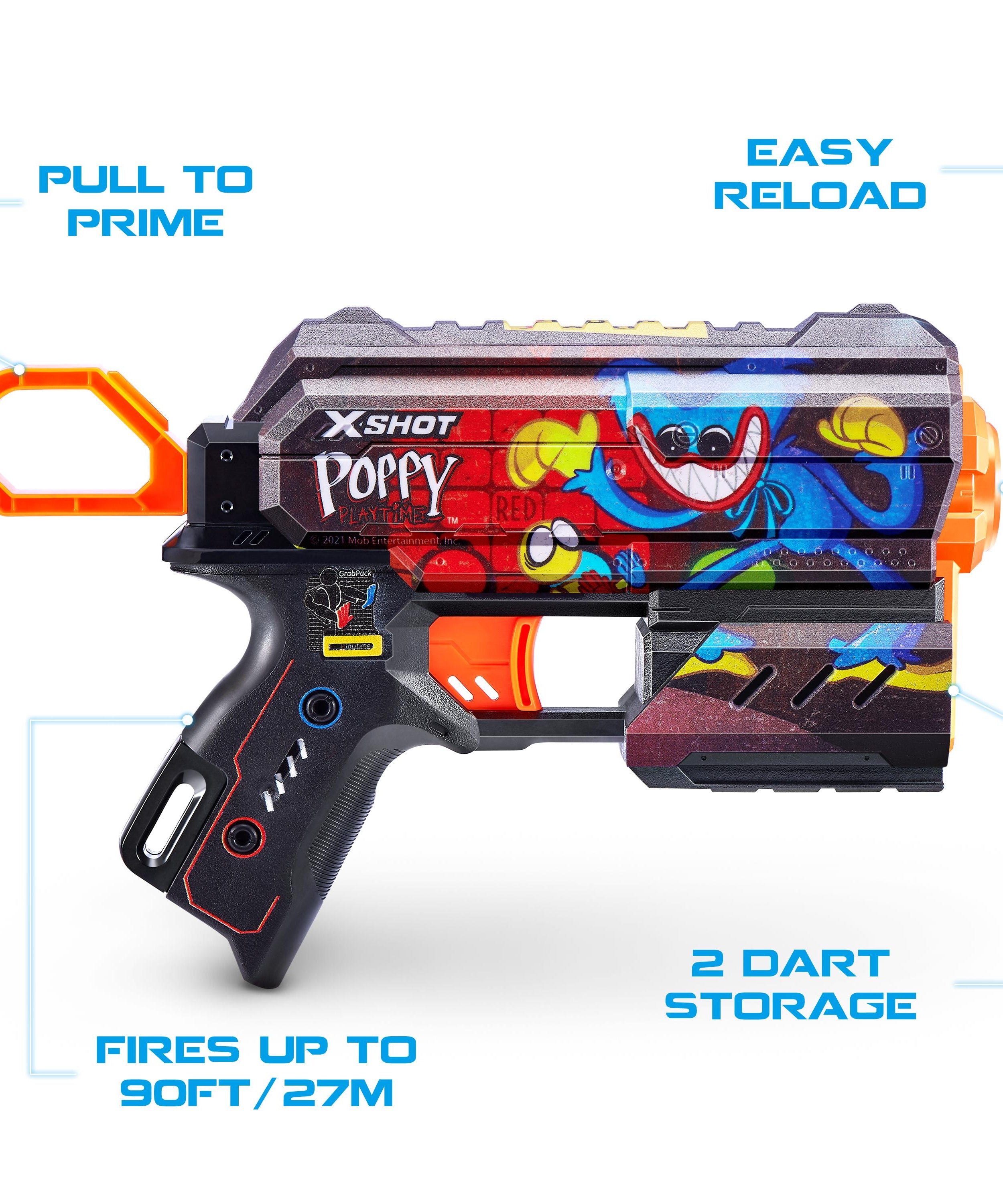 XSHOT Skins Flux, Poppy Playtime Jumpscare Edition (8 Darts), Foam Dart Blaster with Air Pocket Dart Technology, Shoots up to 27m, Collectible Toy Gun for Kids Ages 8+, Boys, Girls, Teens