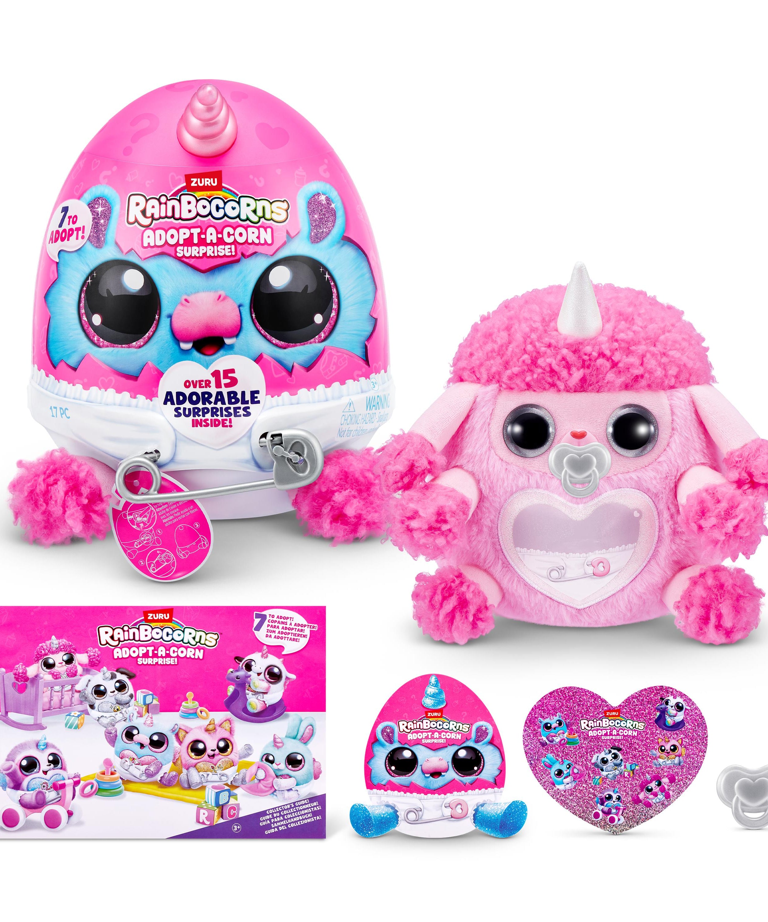 Rainbocorns Adopt-A-Corns Baby Plush Assorted Newborn Surprise Toy with 15+ Surprises, Diaper Egg, Pacifier & Adoption Certificate, Collect All 7 Cute Characters, Gift for Girls Ages 3+