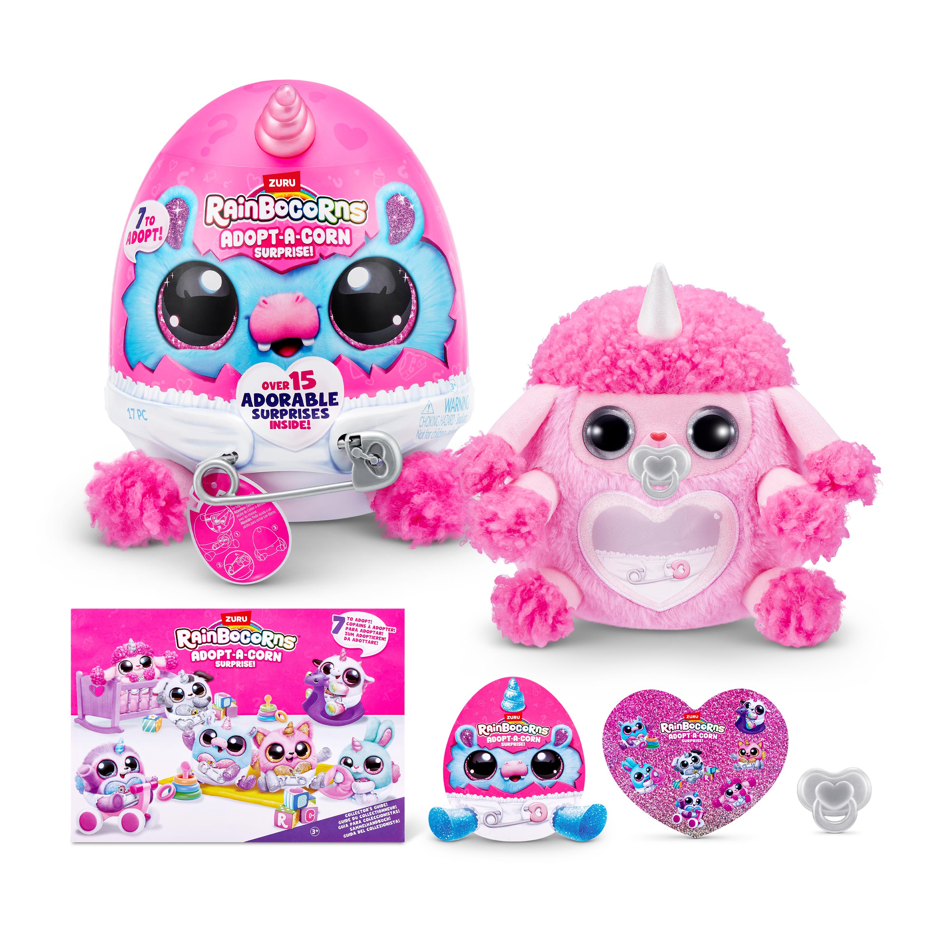 Rainbocorns Adopt-A-Corns Baby Plush Assorted Newborn Surprise Toy with 15+ Surprises, Diaper Egg, Pacifier & Adoption Certificate, Collect All 7 Cute Characters, Gift for Girls Ages 3+