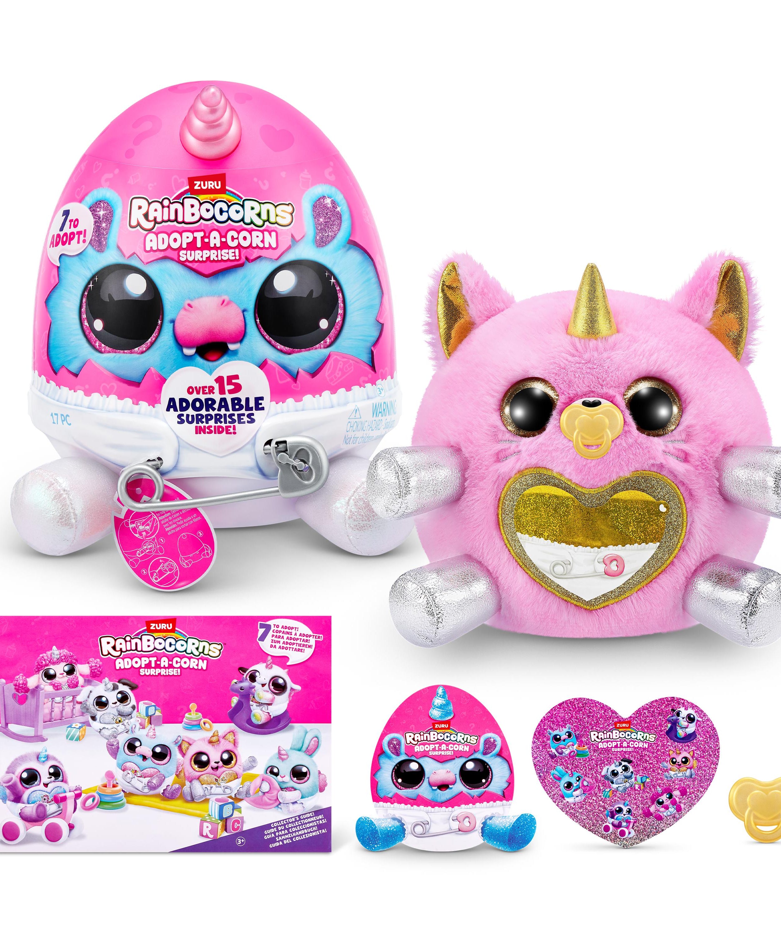 Rainbocorns Adopt-A-Corns Baby Plush Assorted Newborn Surprise Toy with 15+ Surprises, Diaper Egg, Pacifier & Adoption Certificate, Collect All 7 Cute Characters, Gift for Girls Ages 3+