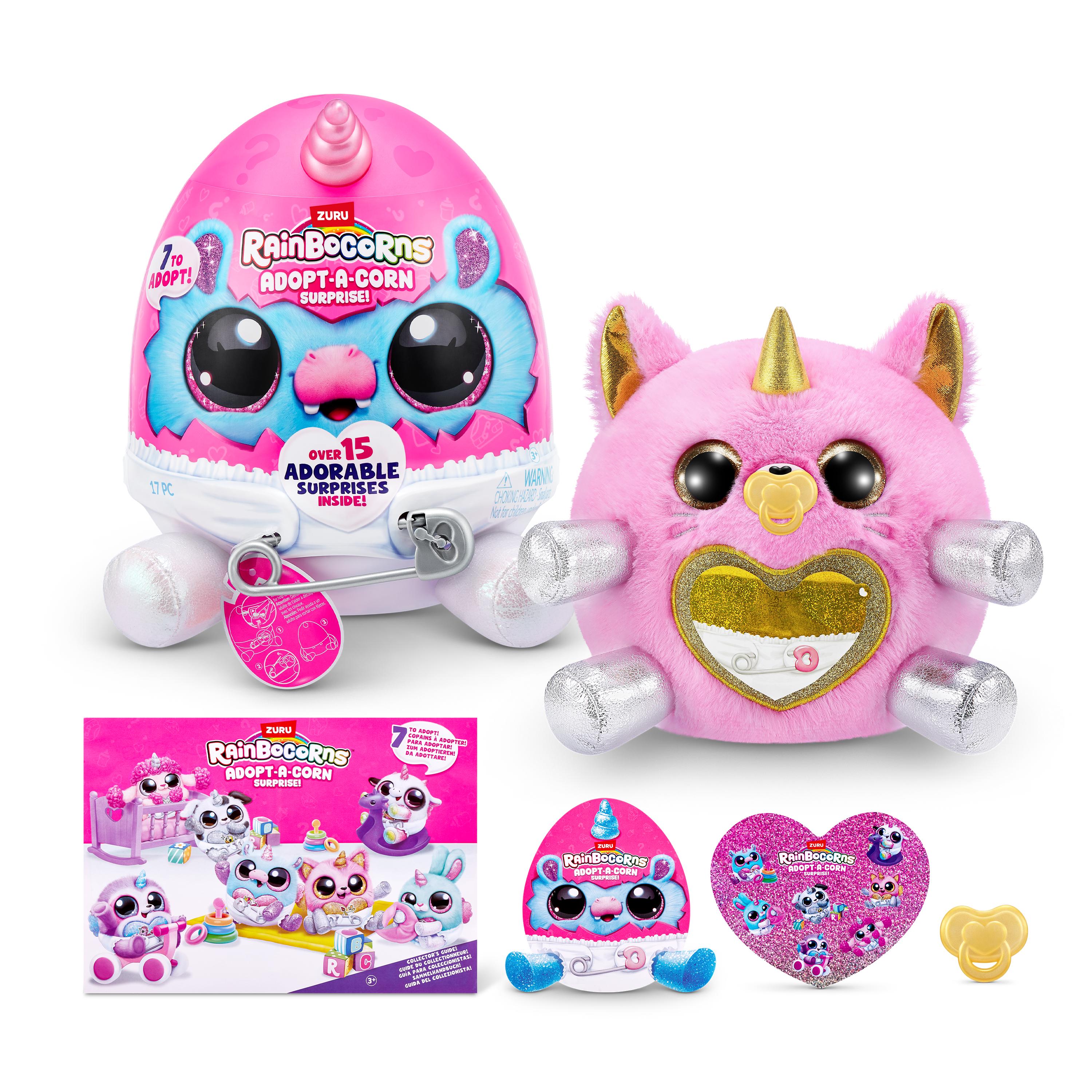 Rainbocorns Adopt-A-Corns Baby Plush Assorted Newborn Surprise Toy with 15+ Surprises, Diaper Egg, Pacifier & Adoption Certificate, Collect All 7 Cute Characters, Gift for Girls Ages 3+
