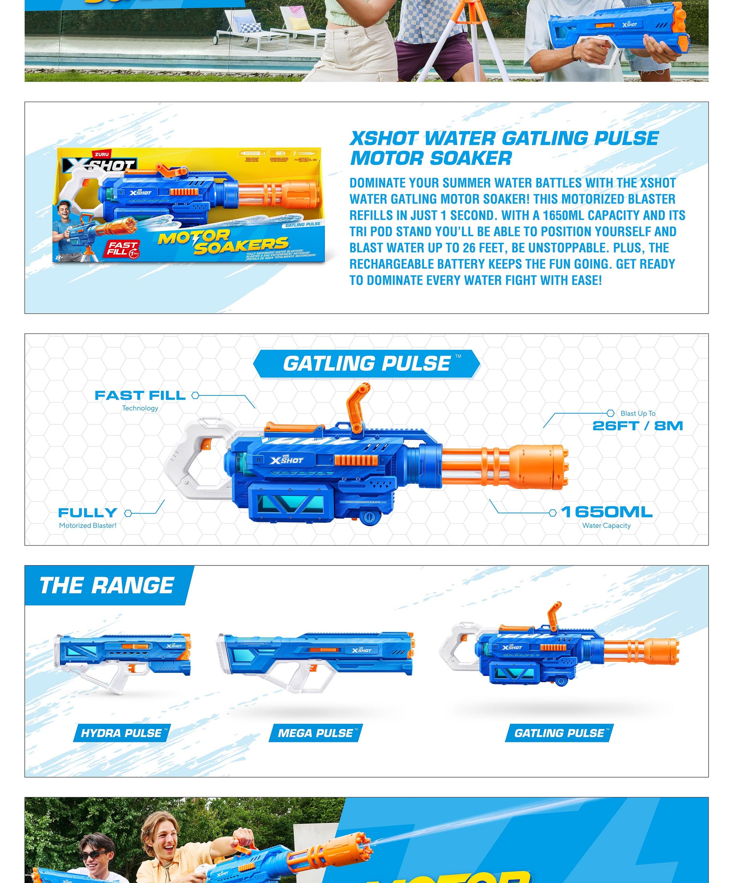 X-Shot Gatling Motor Water Soaker, Motorized Water Gun for Boys & Girls, Age 8+, 1650ml Tank, Fast-Fill, Tripod, 26ft Blast