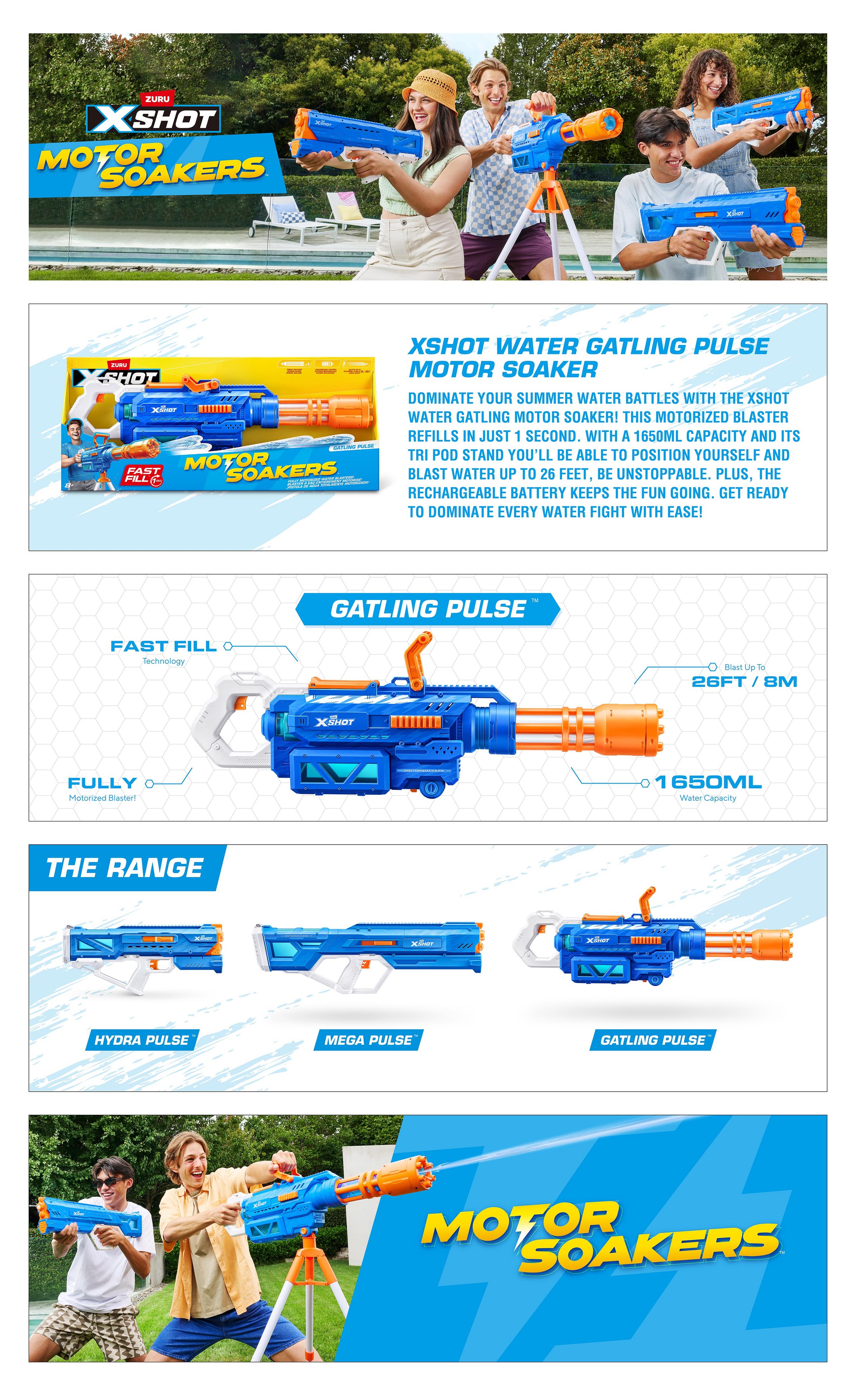 X-Shot Gatling Motor Water Soaker, Motorized Water Gun for Boys & Girls, Age 8+, 1650ml Tank, Fast-Fill, Tripod, 26ft Blast