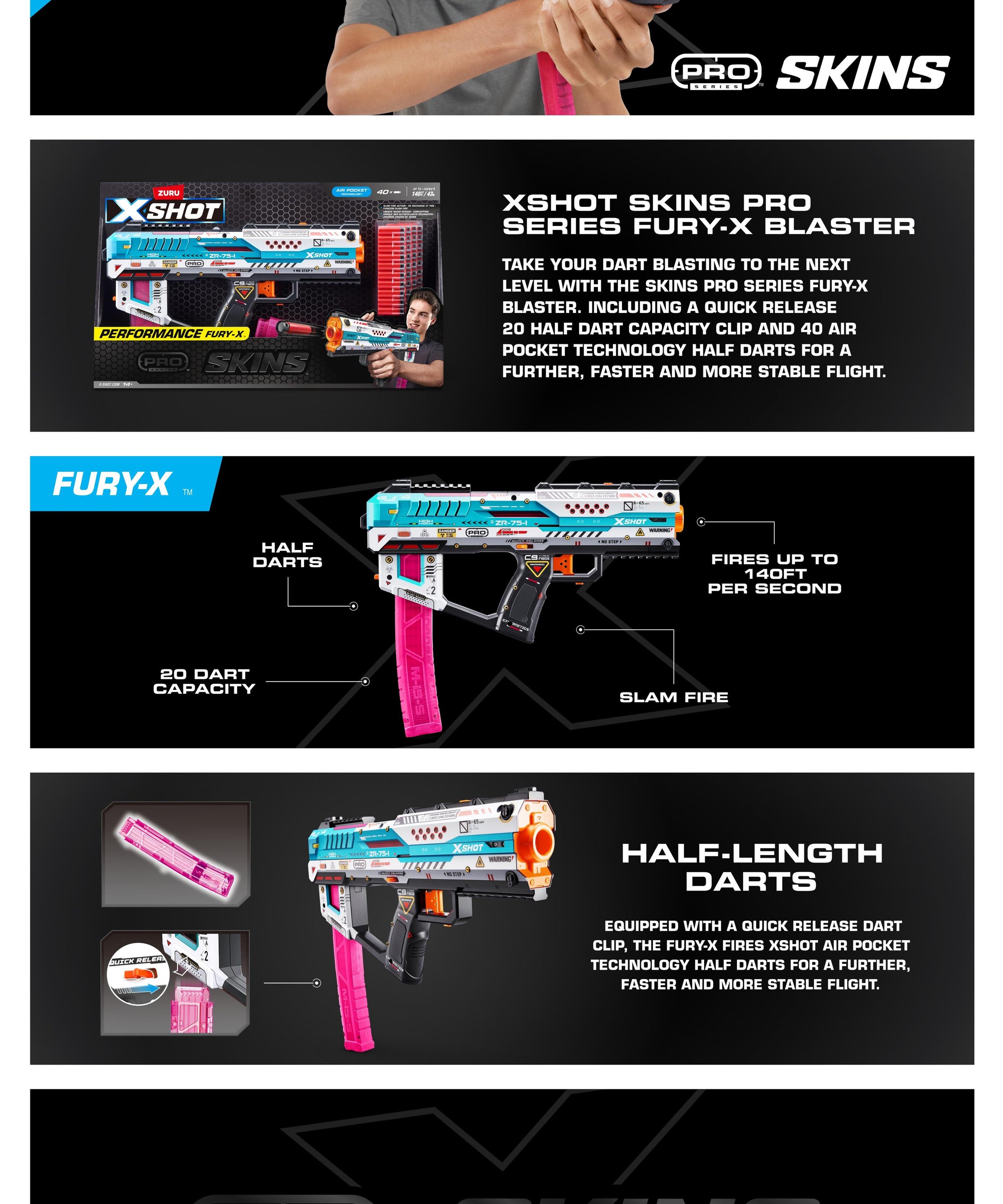 XSHOT Skins Pro Series Fury X Blaster Toy Gun for Boys & Teens, Age 14+, 40 Foam Half Darts, Slam Fire Action, 20-Dart Quick-Release Clip, Air Pocket Technology, 140ft Range