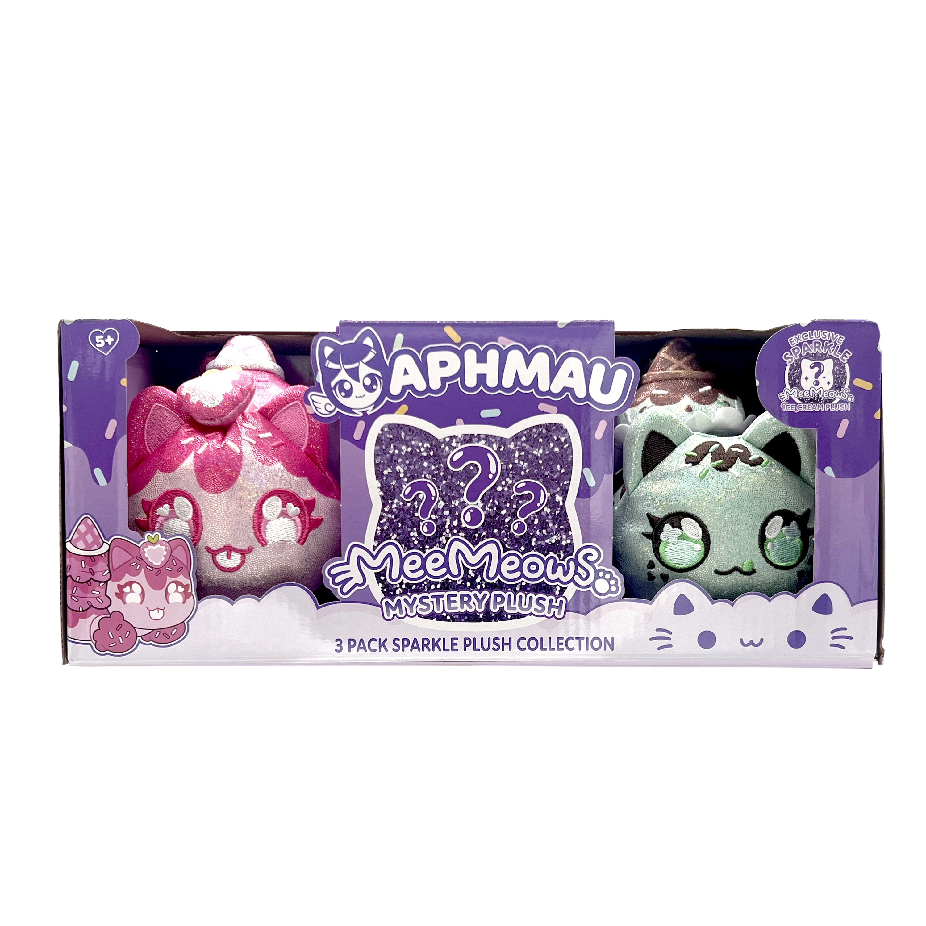 Aphmau MeeMeow Plush 3-Pack Sparkle Ice Cream Edition, 6 Inch Collectible Cat Plush Toys, Soft & Cuddly Gift for Kids, Ages 5+