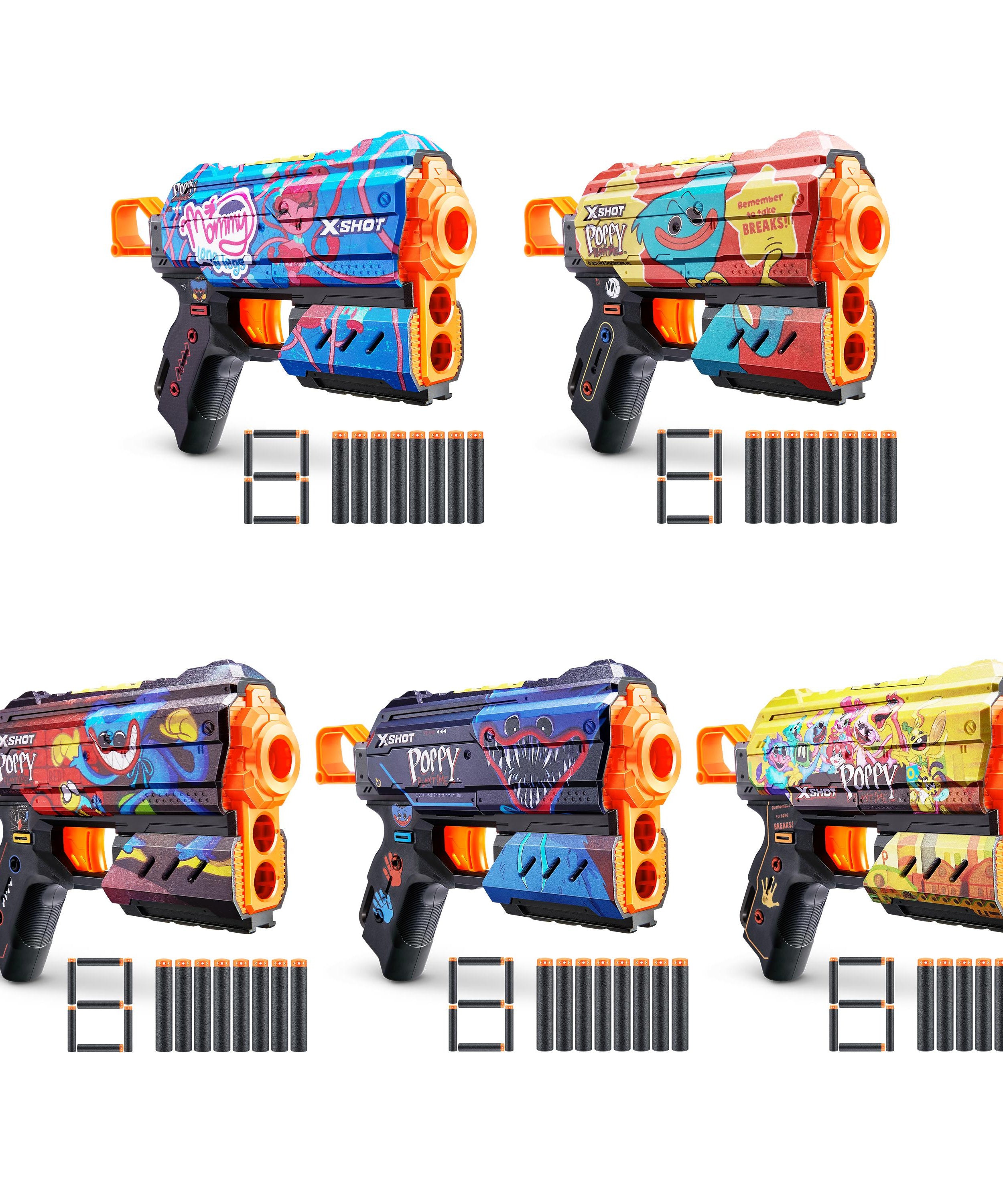 XSHOT Skins Flux, Poppy Playtime Jumpscare Edition (8 Darts), Foam Dart Blaster with Air Pocket Dart Technology, Shoots up to 27m, Collectible Toy Gun for Kids Ages 8+, Boys, Girls, Teens