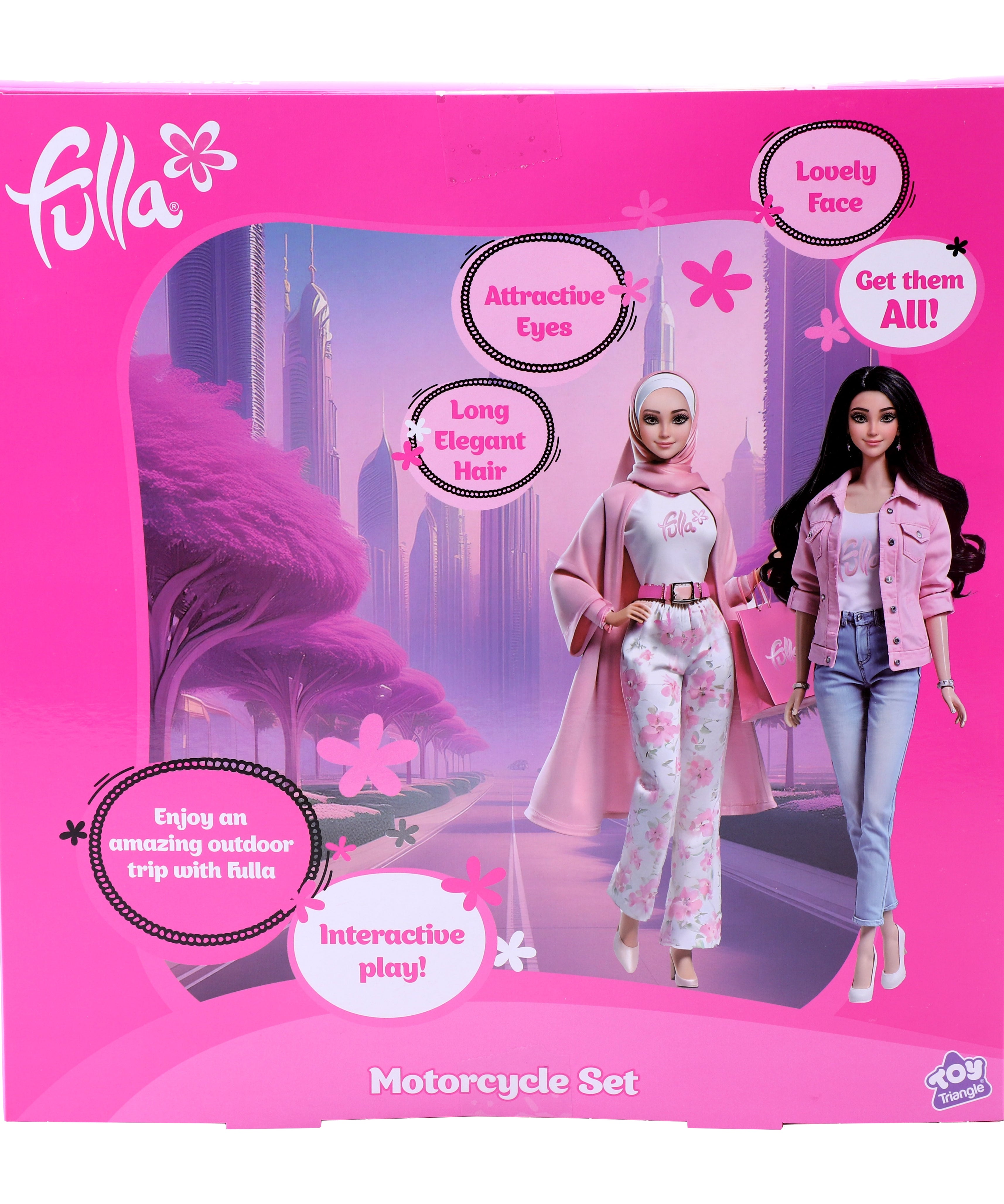 Fulla Doll with Purple Motorbike Set, Includes Doll, Jeans, Scarf, Helmet, Schoolbag, Vehicle for Outdoor Play, Storytelling and Creative Imagination for Girls, Age 3+