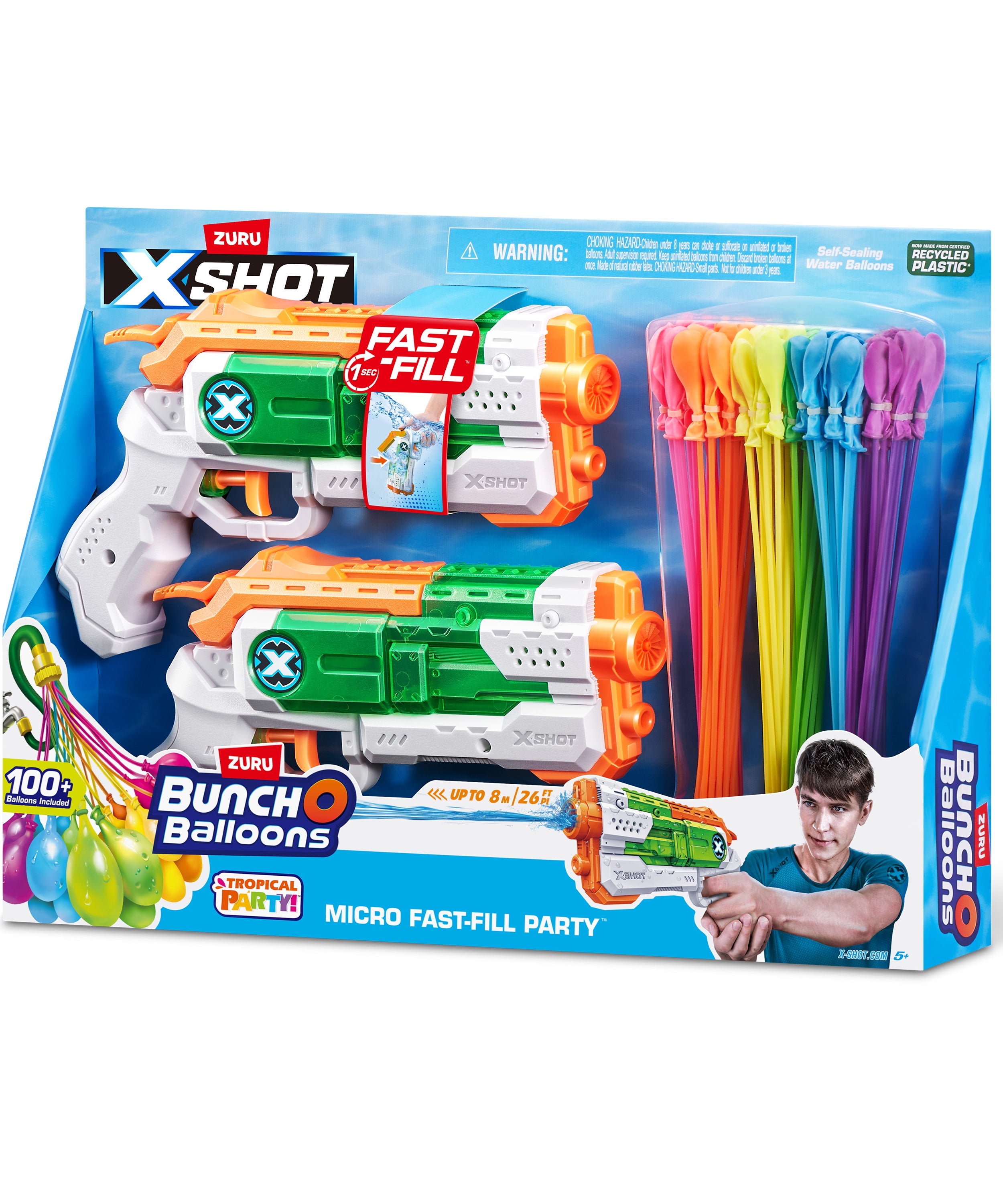 X-Shot Water Combo Fast Fill Blaster Set with 2 Micro Water Guns and 3 Tropical Party Bunch O Balloons, Quick Fill and Tie 100 Balloons in 60 Seconds, Outdoor Summer Water Toy Pack for Kids Age 6+