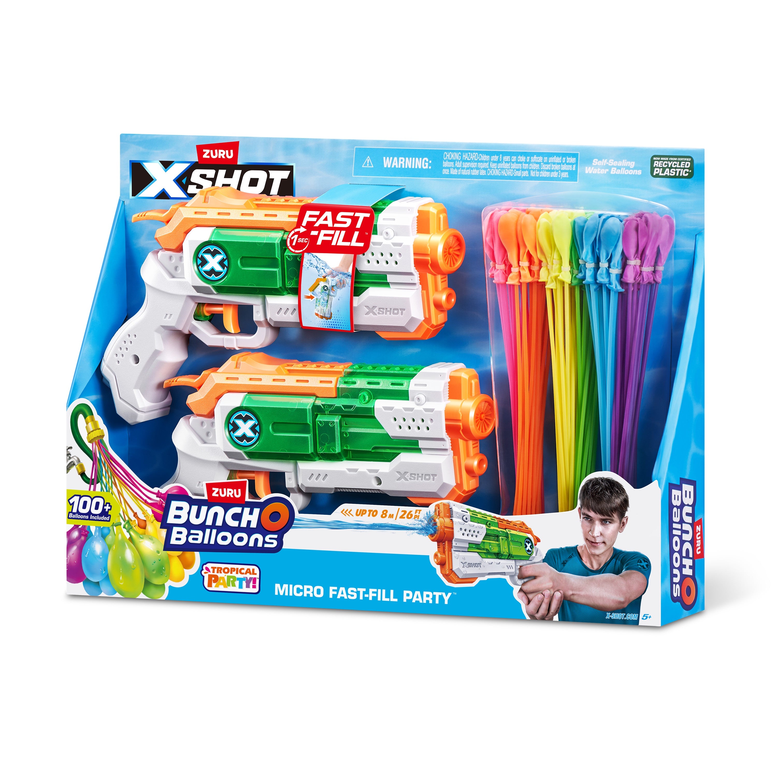 X-Shot Water Combo Fast Fill Blaster Set with 2 Micro Water Guns and 3 Tropical Party Bunch O Balloons, Quick Fill and Tie 100 Balloons in 60 Seconds, Outdoor Summer Water Toy Pack for Kids Age 6+