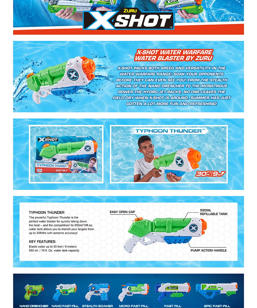 X-Shot Typhoon Thunder Water Blaster, Medium Pump Action Soaker Guns with 550ml Tank, Blast Water 9m, Outdoor Summer Water Play for Kids, Pack of 3 ,Boys, Age 5+