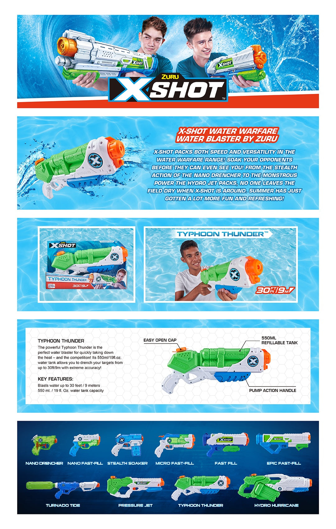 X-Shot Typhoon Thunder Water Blaster, Medium Pump Action Soaker Guns with 550ml Tank, Blast Water 9m, Outdoor Summer Water Play for Kids, Pack of 3 ,Boys, Age 5+