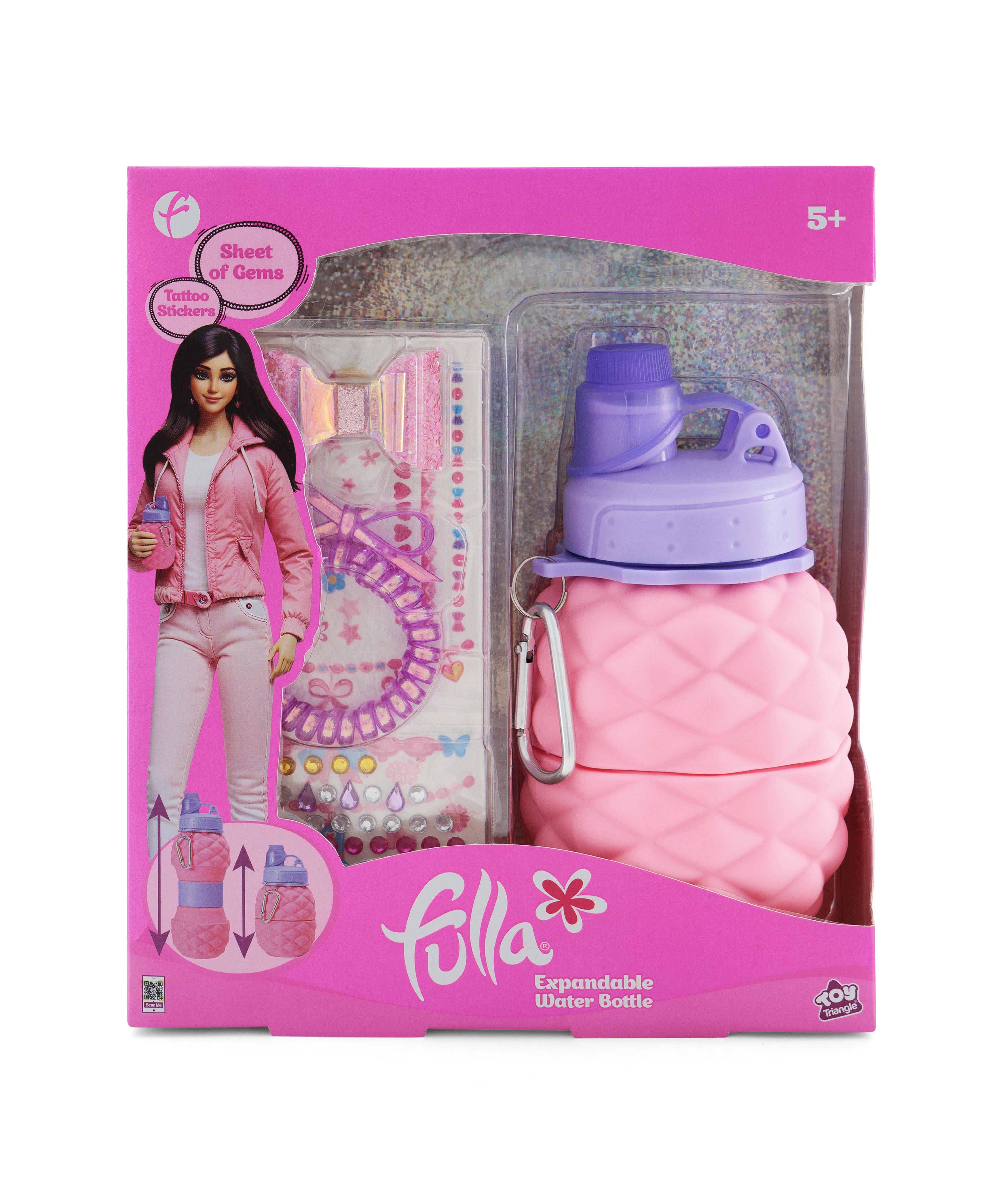 Fulla Expandable Water Bottle for Kids, Collapsible Silicone Cup with Butterfly Hair Clip, Tattoo Sticker & Gem Sheet, Ages 5+