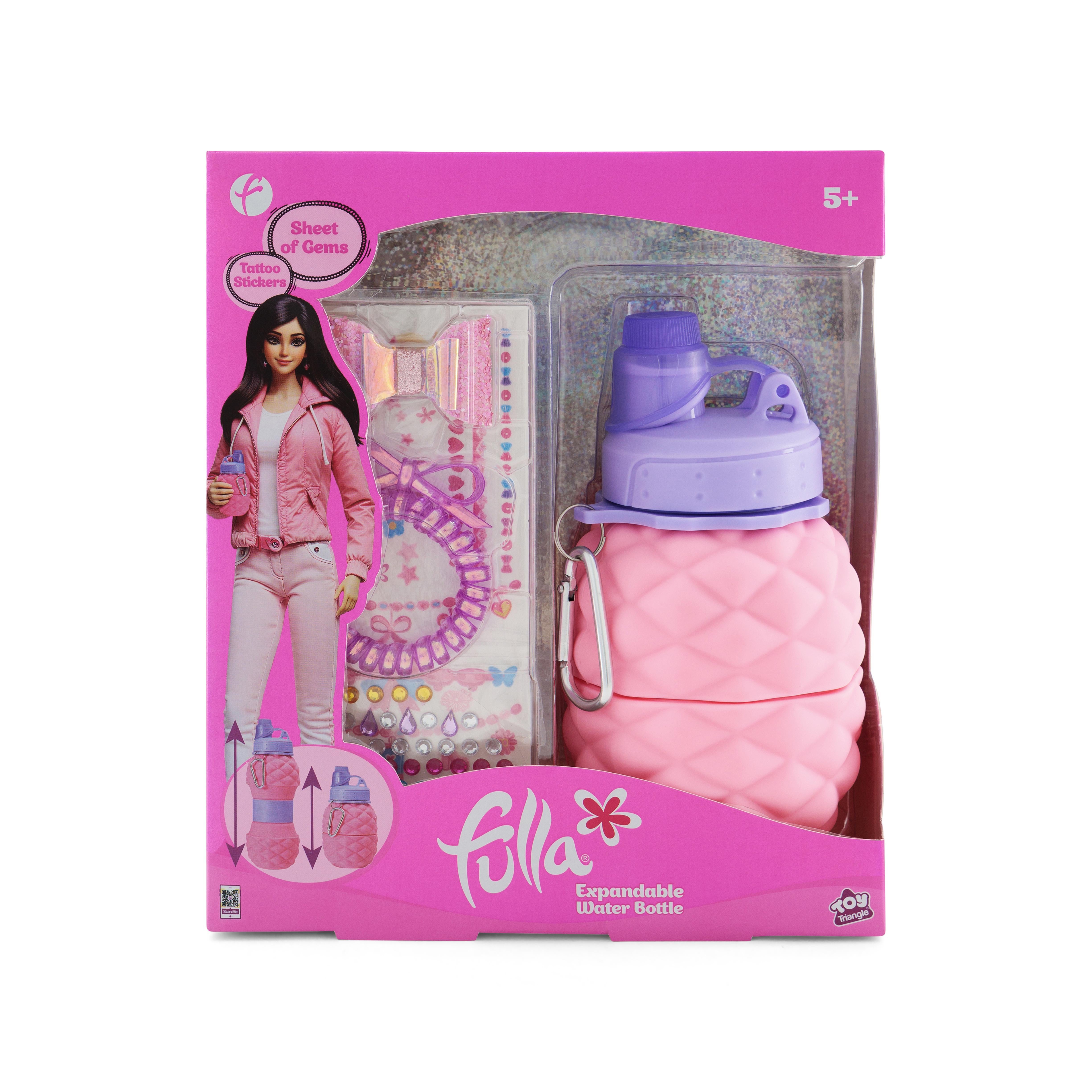 Fulla Expandable Water Bottle for Kids, Collapsible Silicone Cup with Butterfly Hair Clip, Tattoo Sticker & Gem Sheet, Ages 5+