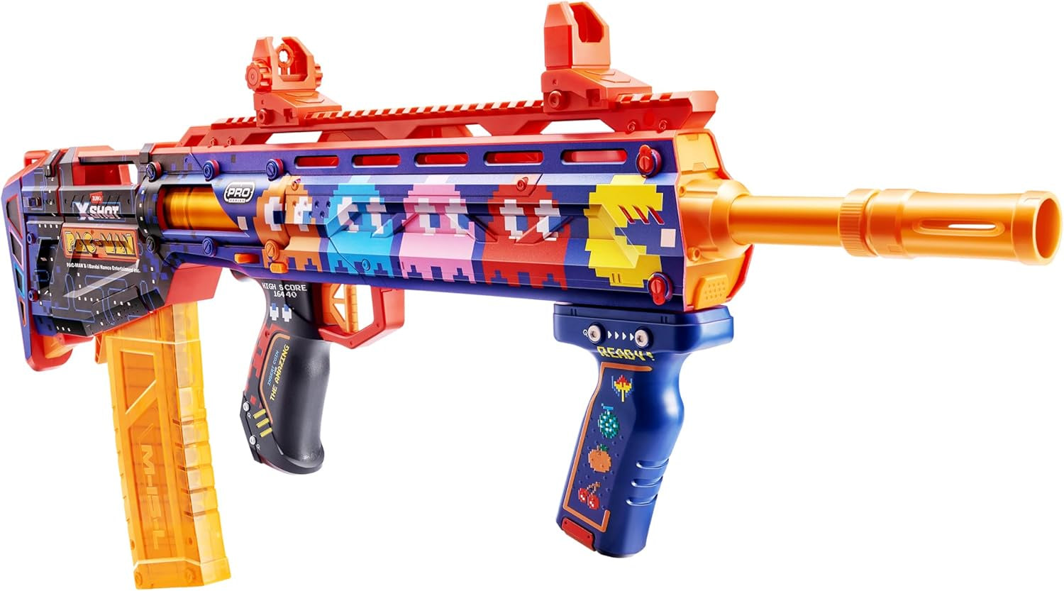 XShot Skins Pro Pac-Man Long Shot Blaster, 40 Darts, Slam Fire, Retro Skin, 2 Quick Clips, Half & Full-Length Ammo, Air Pocket Foam Tech, 66ft Range for Boys, Age 14+