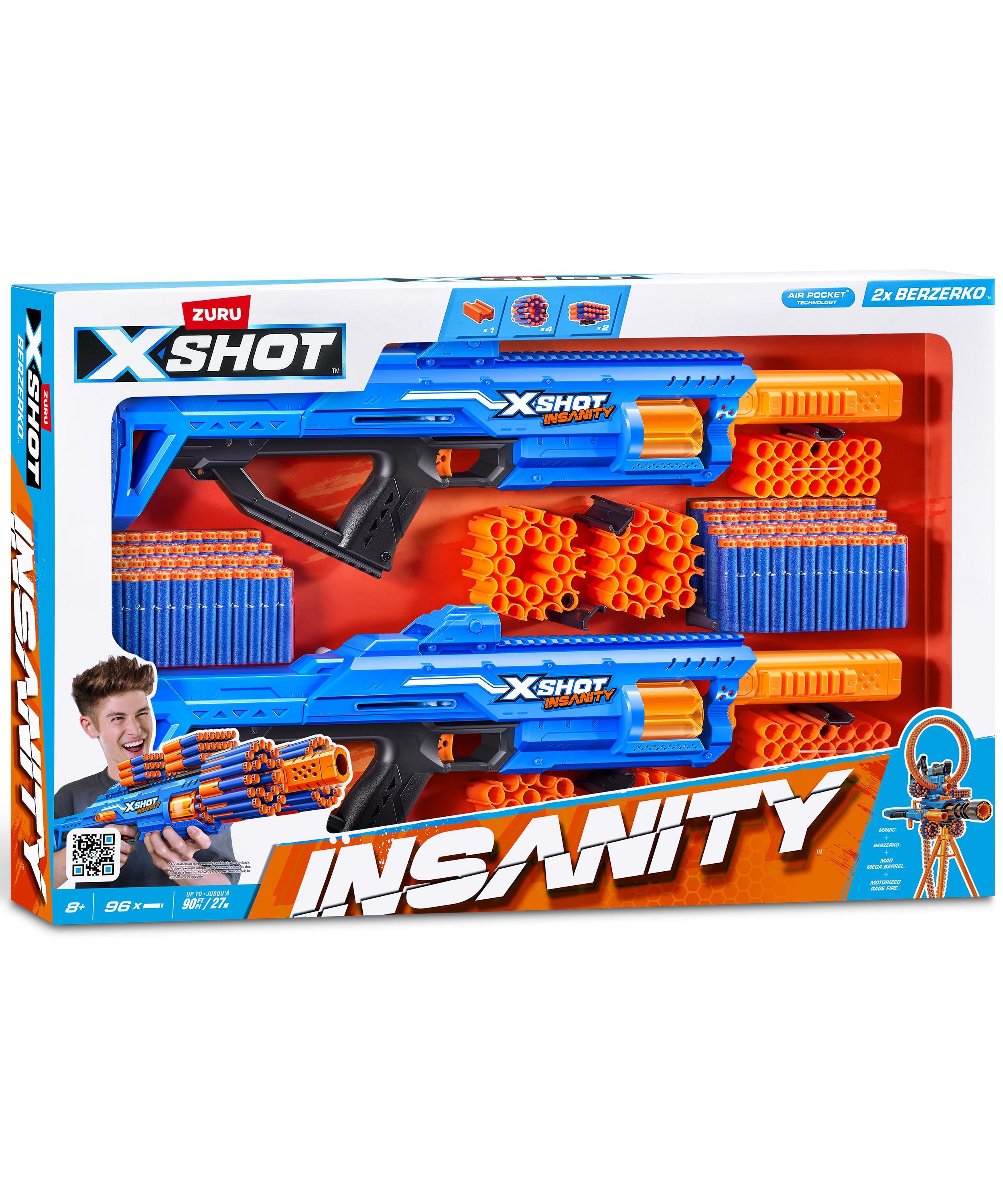 XShot Insanity Double Berzerko Blaster Pack, 8-Shot Dart Gun with 96 Foam Darts, Modular Storage, Rapid-Fire Toy Blaster for Kids Outdoor Action, Pack of 2