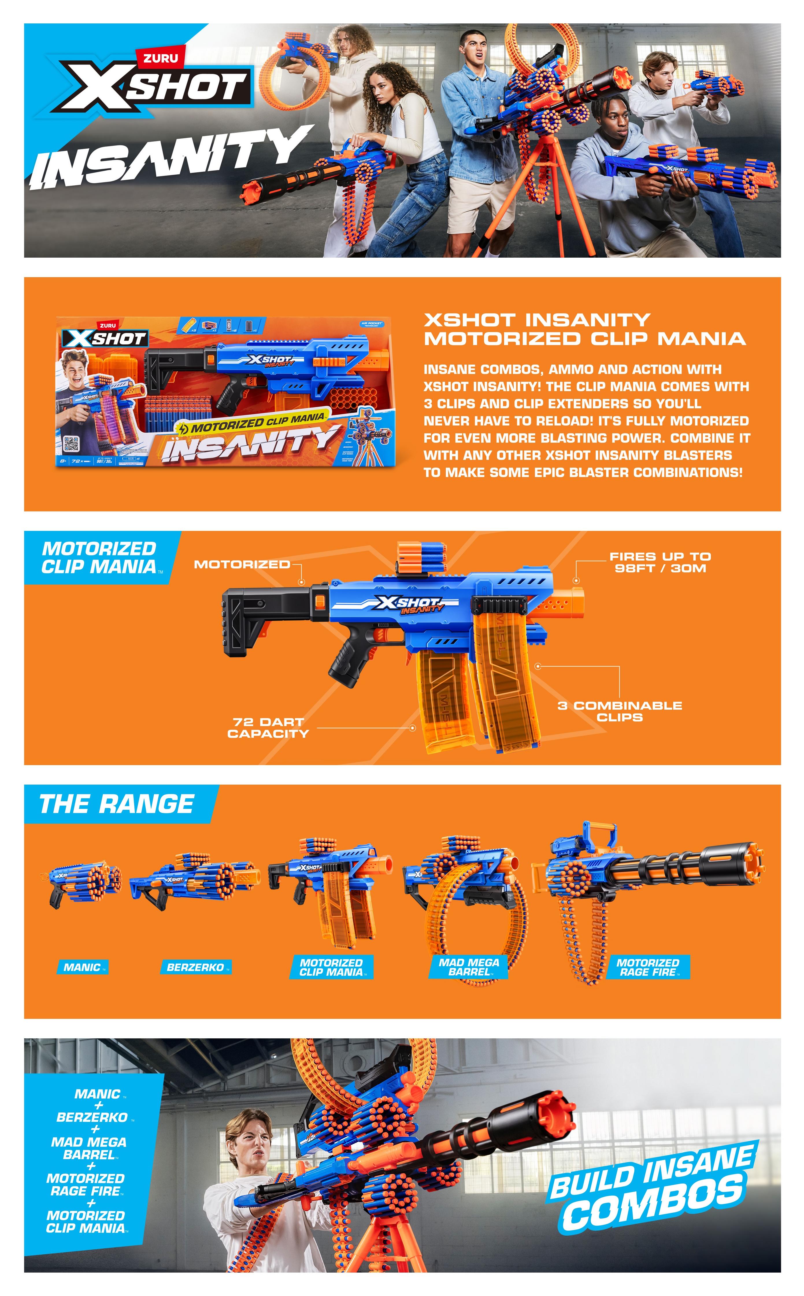 X Shot Insanity Motorised Clip Blaster, High Power Toy Gun for Boys, Age 8+