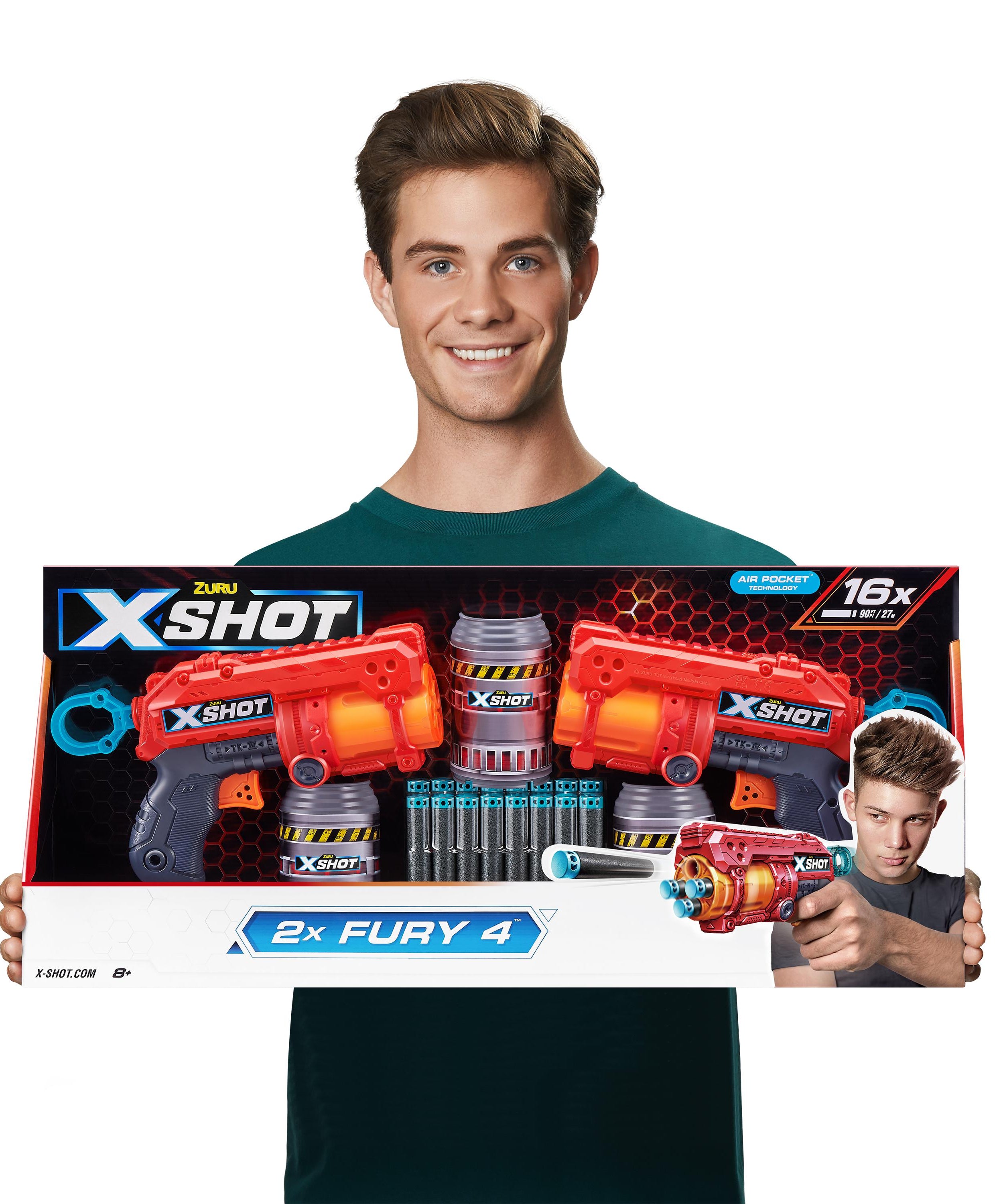 X-Shot Excel Double Fury 4 Blaster Combo Pack for Kids Ages 6+, 16 Darts & 3 Can Targets