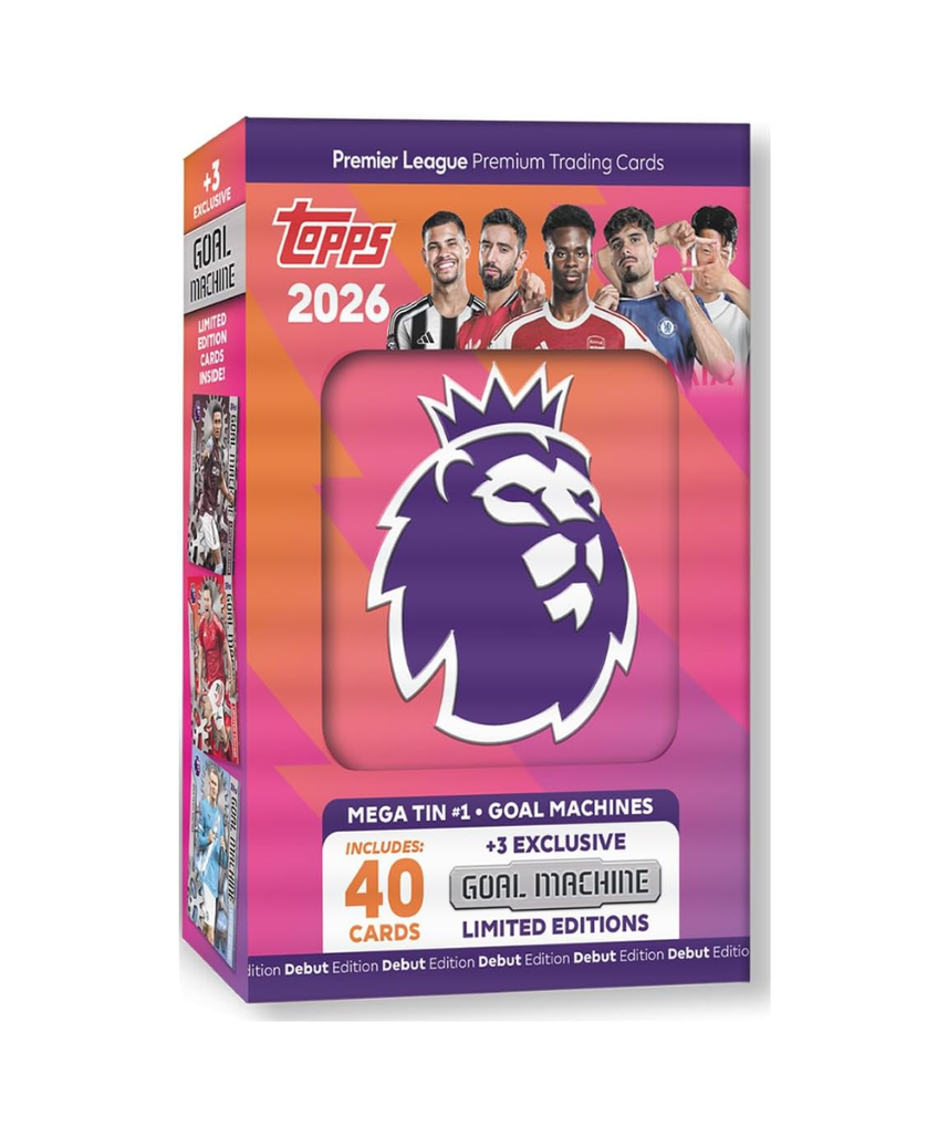 Topps Premier League 2025 2026 Football Trading Cards Mega Tin Goal Machines Edition, Includes 40 Cards and 3 Exclusive Limited Edition Cards, Official Premier League Collectible for Kids and Adult Fans