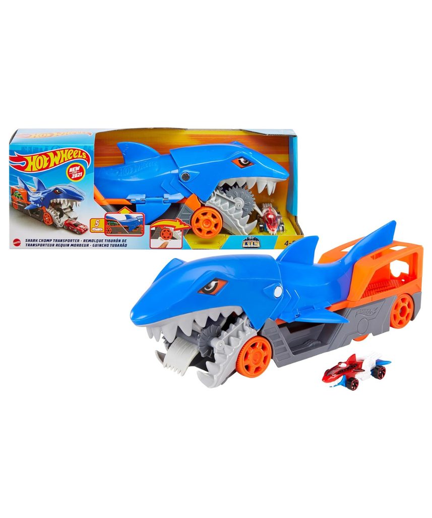 مجموعة ألعاب نقل شارك تشومب من هوت ويلز، شاحنة نقل بتصميم سمكة قرش مع سيارة بمقياس 1:64، مجموعة ألعاب ممتعة لتخزين السيارات وإطلاقها للأطفال من سن 4 إلى 8 سنوات