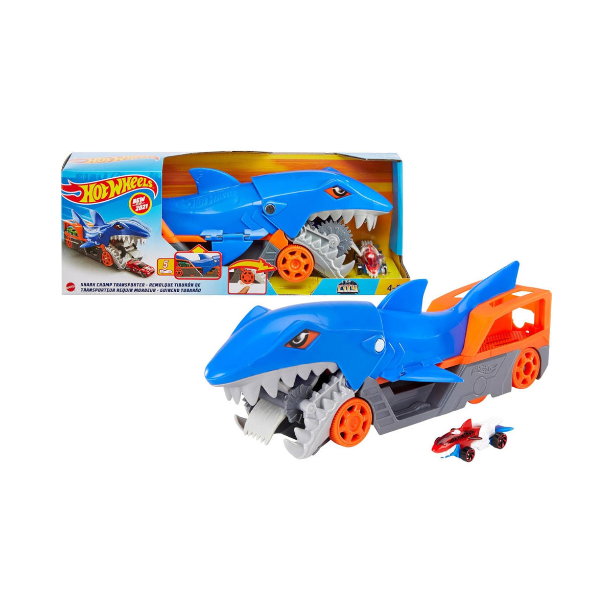 Hot Wheels Shark Chomp Transporter Playset, Shark-Themed Hauler with 1:64 Scale Car, Fun Car Storage and Launch Playset for Kids 4 to 8 Years