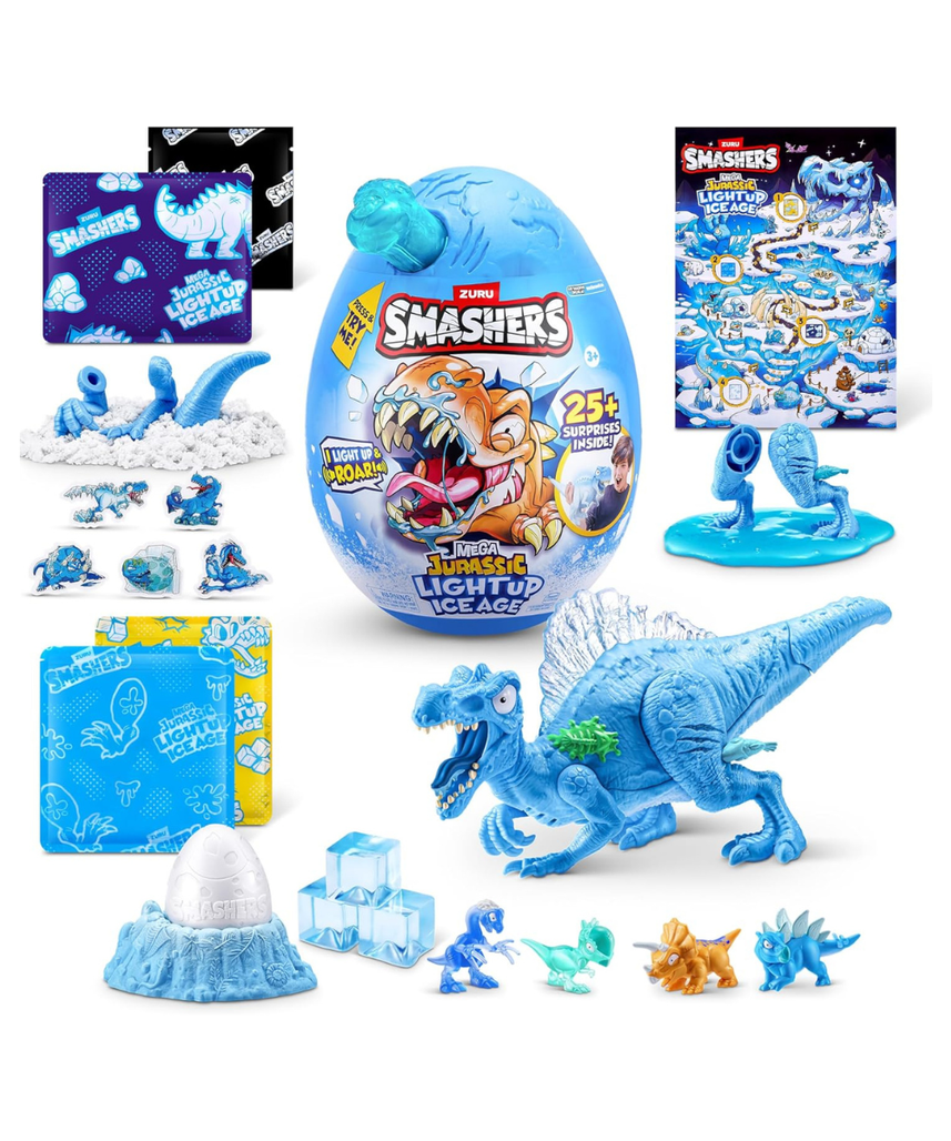 Smashers Mega Jurassic Light Up Ice Age Spinosaurus Dino Egg Toy with 25 Surprises Slime Sand Glow Features Roaring Sound Effects Collectible Dinosaur Build Kit for Kids 3+