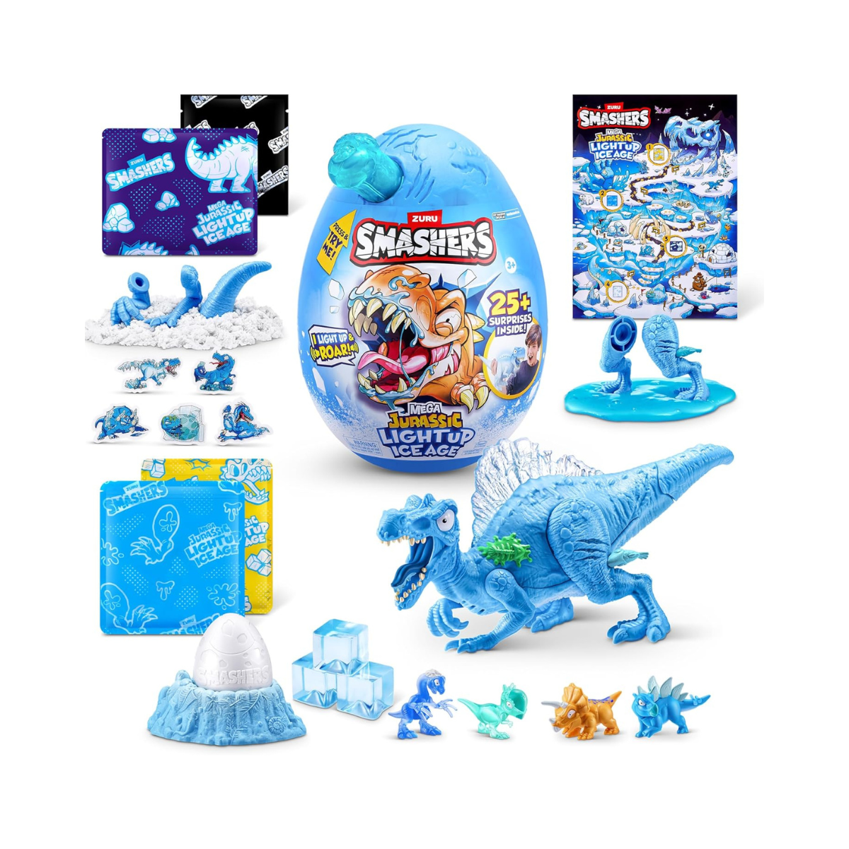 Smashers Mega Jurassic Light Up Ice Age Spinosaurus Dino Egg Toy with 25 Surprises Slime Sand Glow Features Roaring Sound Effects Collectible Dinosaur Build Kit for Kids 3+