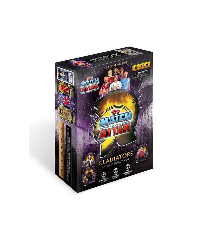 Topps Match Attax UCC 2025 2026 Mega Tin Collectible Football Trading Cards with 45 Cards and Exclusive Gladiators Limited Editions, Official UEFA Licensed, Assorted Mega Tin