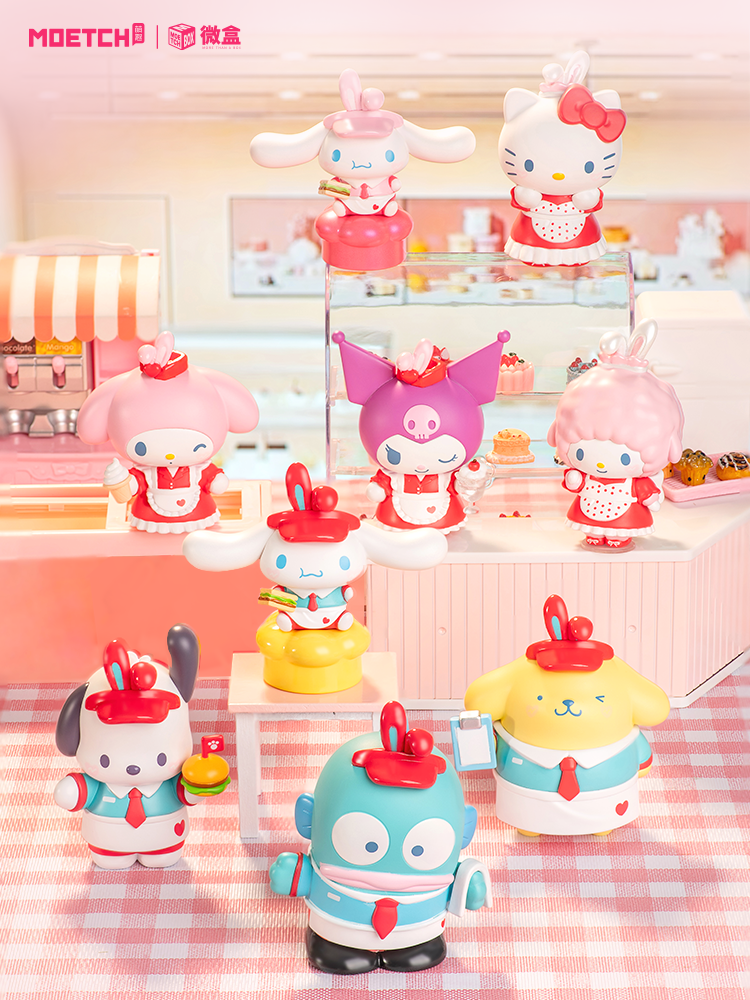 مجموعة مجسمات مويتش سانريو هالو كيتي للمطعم على مدار 24 ساعة، صندوق صغير، صندوق ماكس بلايند، عرض قابل للتجميع من 8 مجسمات، مقتنيات وشخصيات