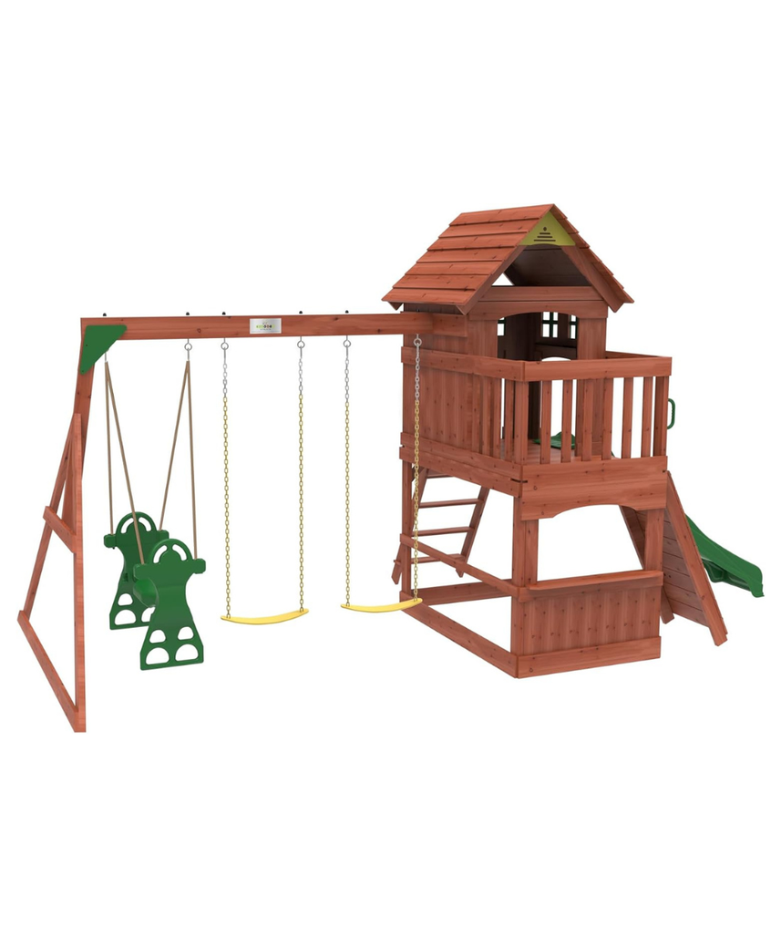 Kiddoro Playful Peaks Wooden Outdoor Playset with Slide, Swings, Glider & Climbing Wall for Kids 3+ Years