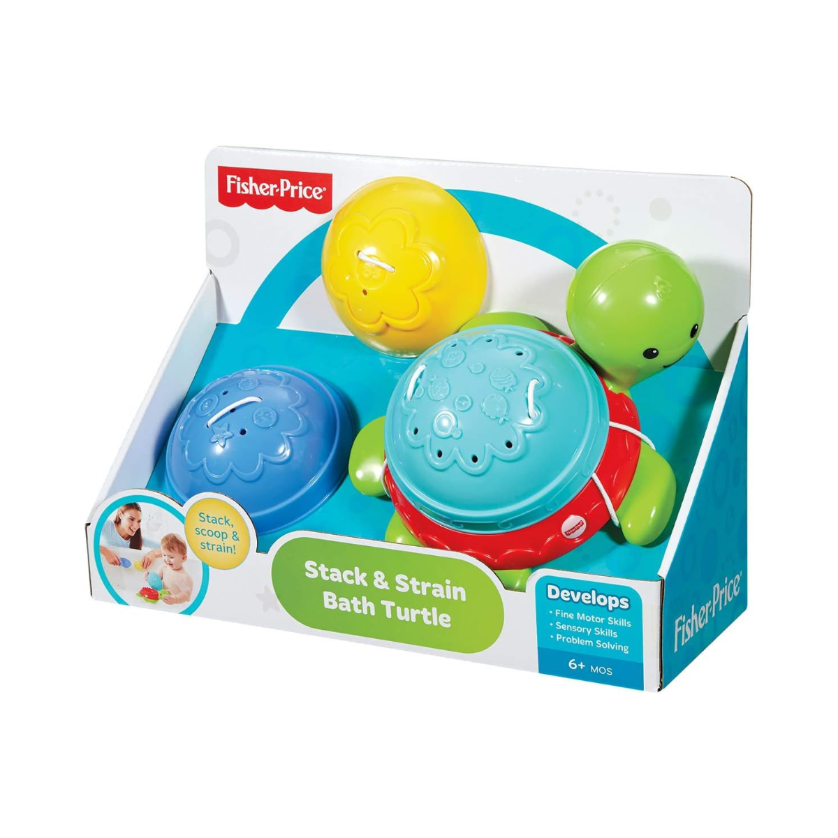 Fisher Price Stack and Strain Bath Turtle, Floating Turtle Bath Toy with Three Stacking Straining Shells, Water Play Toy for Babies, Fine Motor Skill Development, Model DHW16