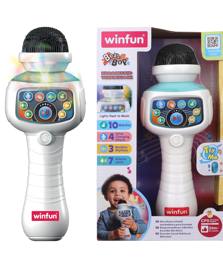 Winfun Karaoke Kid Wireless Mic for Kids Interactive Singing Microphone with Built-In Songs, Sound Effects and Party Fun Easy-to-Hold Musical Toy for Toddlers and Young Children