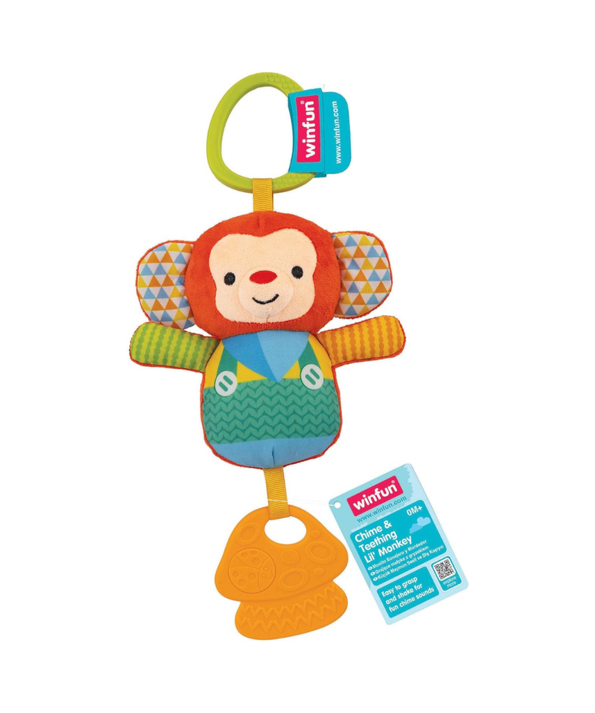 Winfun Chime and Teething Lil’ Monkey Baby Toy, Soft Hanging Rattle and Teether for Crib Stroller Car Seat, Soothes Teething & Encourages Sensory Exploration, 0+ Months