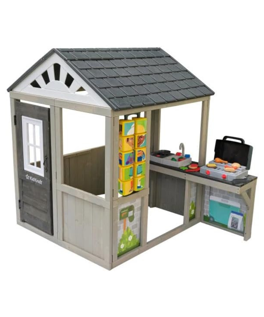 KidKraft Patio Party Wooden Outdoor Playhouse with Spinner Block Puzzle, 14pc, Backyard Playhouse for Kids Ages 3 and Up, Role Play Grill, Sink and Interactive Accessories