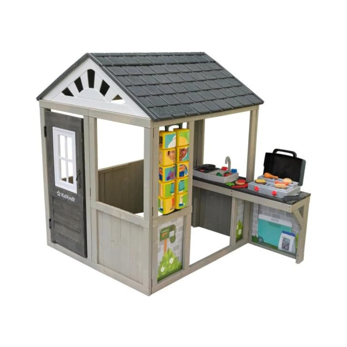 KidKraft Patio Party Wooden Outdoor Playhouse with Spinner Block Puzzle, 14pc, Backyard Playhouse for Kids Ages 3 and Up, Role Play Grill, Sink and Interactive Accessories