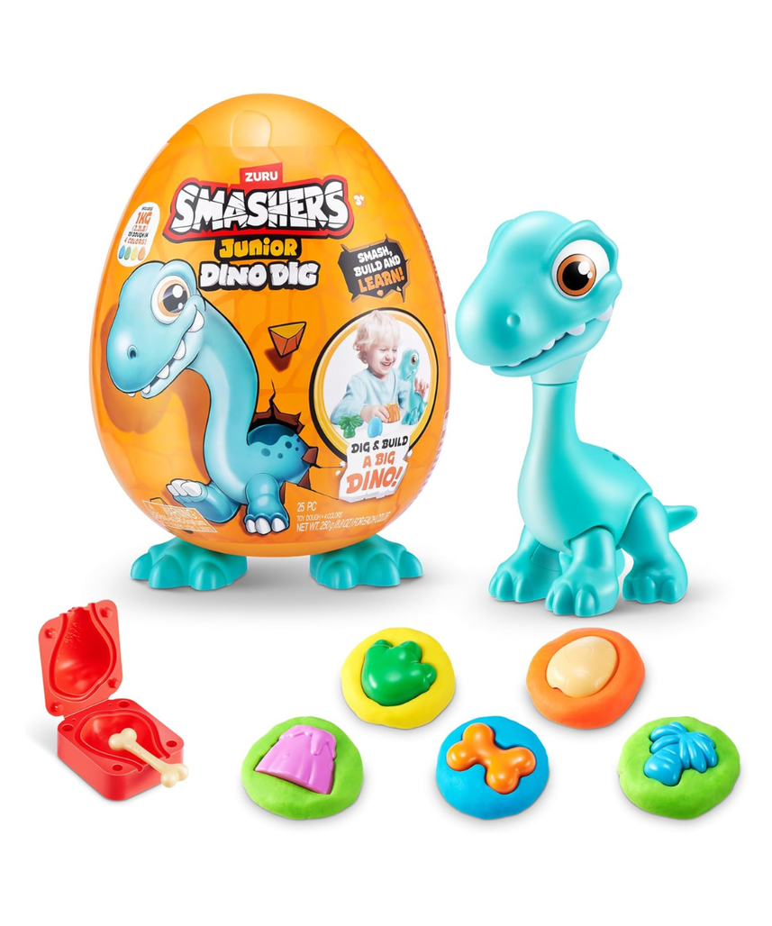 Smashers Junior Dino Dig Large Egg Brontosaur by ZURU, 18+ Surprises, Dinosaur Preschool Toy, Build + Construct Sensory Play for Kids 18 Months to 3 Years, Includes 1kg Clay + 6 Moulds + Stickers, Moveable Dino Figure