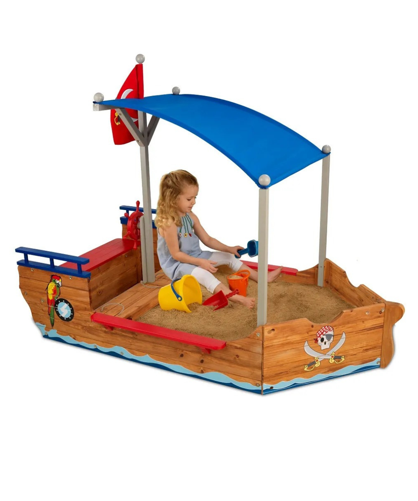 KidKraft Pirate Sand Boat Sandbox with Canopy and Storage, Wooden Outdoor Sand Play Boat for Kids Ages 5 and Up, Weather Resistant Wood, Large Play Area, Pirate Theme