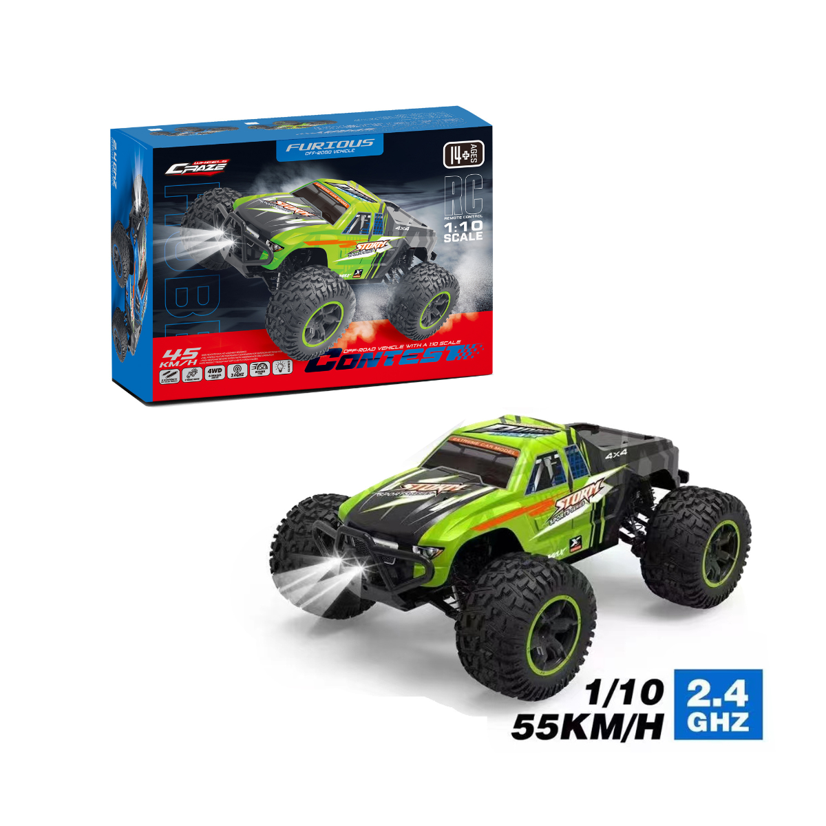 Crazon 2.4GHz RC High Speed Off Road Truck 1:10 Scale 4WD Remote Control Car RTR, 55kmh Fast Racing Monster Truck with LED Lights, Assorted Color, Ages 14+