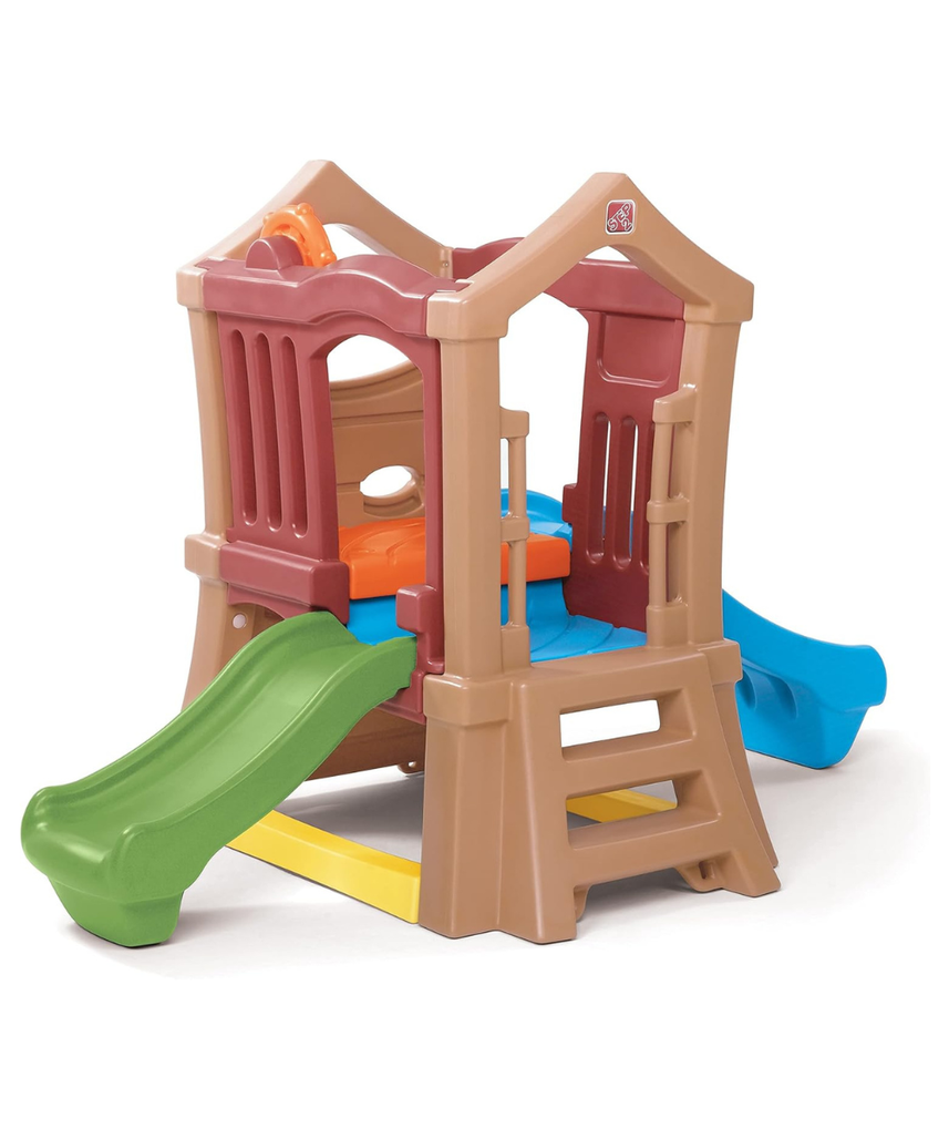 Step2 Double Slide Climber, Brown, Two-Tier Outdoor Climber with Ladder, Rock Wall & Rotating Steering Wheel