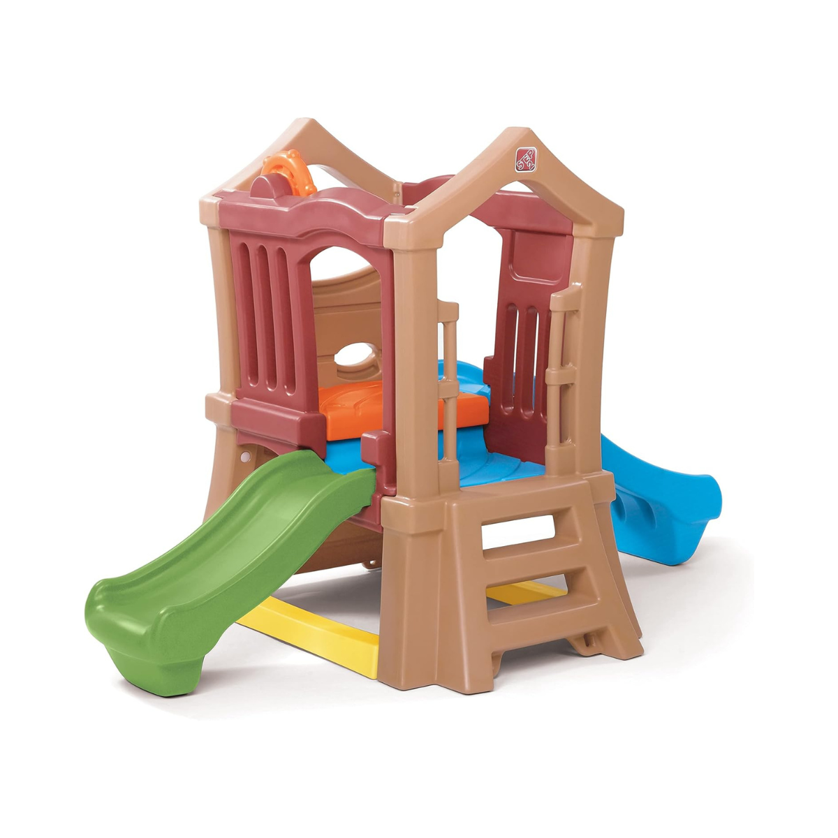 Step2 Double Slide Climber, Brown, Two-Tier Outdoor Climber with Ladder, Rock Wall & Rotating Steering Wheel