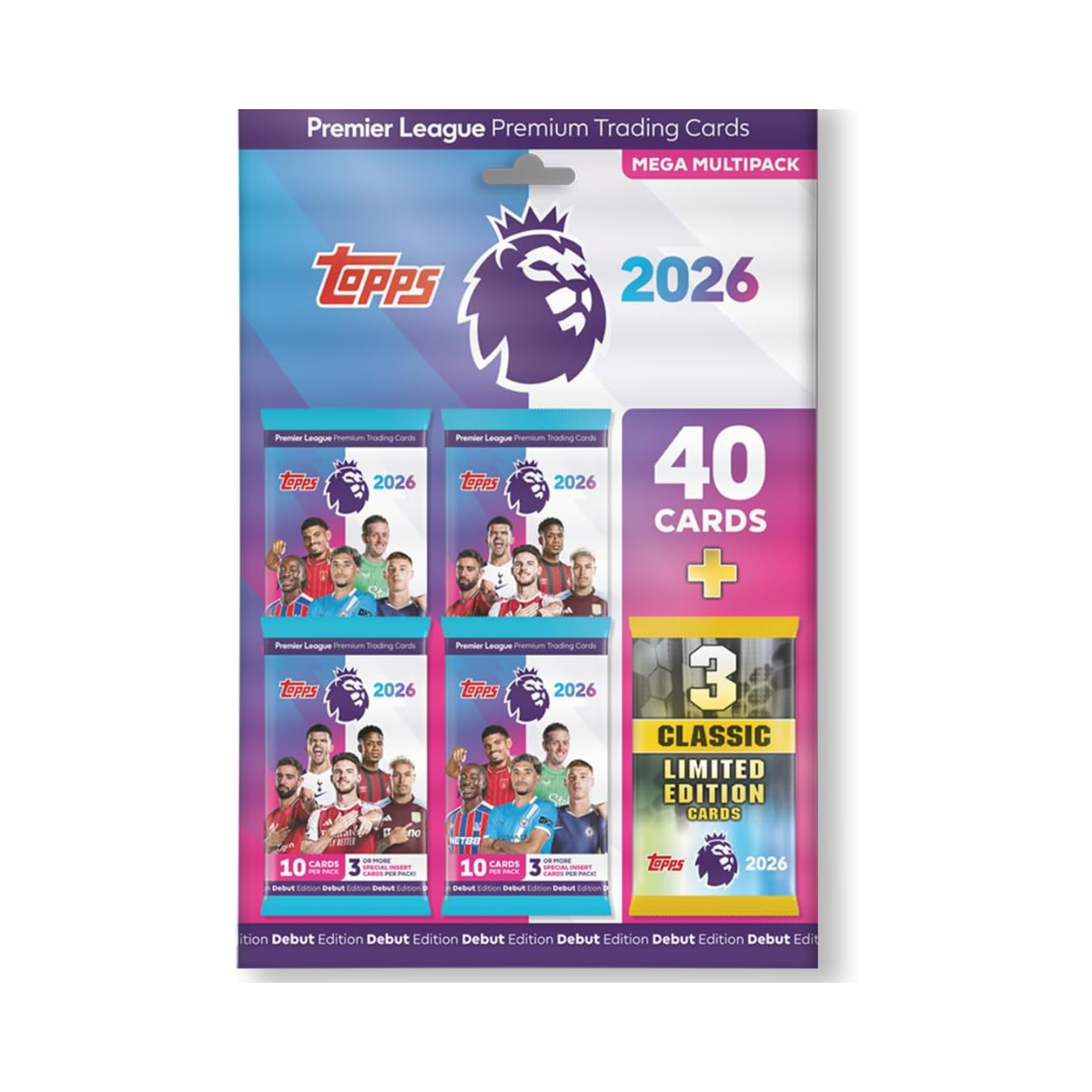 Topps Premier League 2025 2026 Football Trading Cards Mega Multipack, 40 Card Pack with Guaranteed Special Inserts and 3 Classic Limited Edition Cards, Official Premier League Collectible for Kids and Adult Fans
