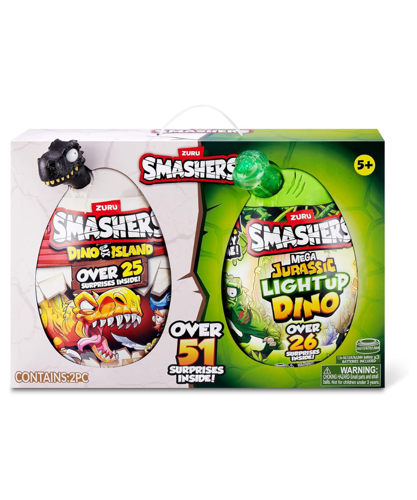 Zuru Smashers Mega Dino Combo Pack Dino Island and Jurassic Light Up Dino Egg with 25+ Surprises Slime Sand Foam Mini Eggs Buildable Dinosaurs Light Up and Roaring Features Collectible Toy Playset for Kids 5+